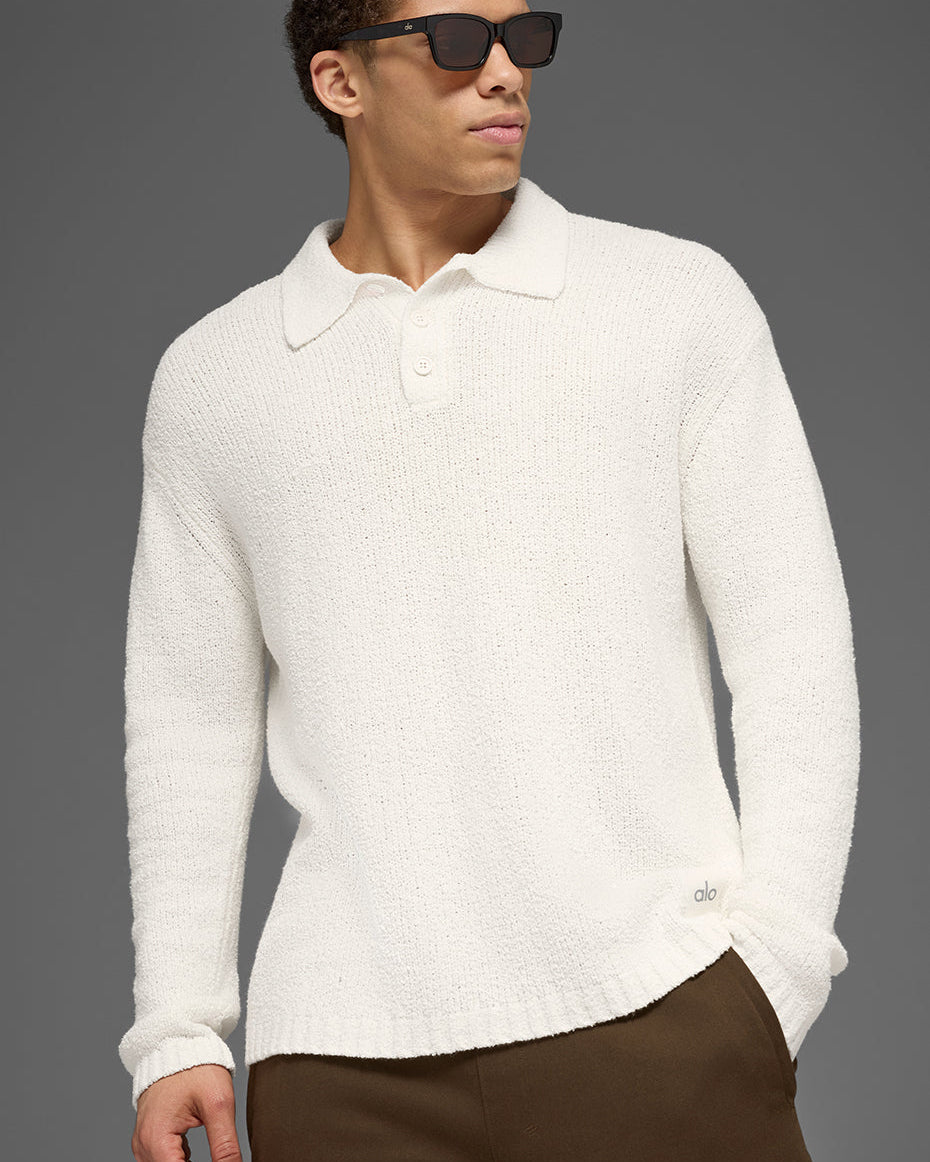 Textured Knit Long Sleeve Polo - Ivory