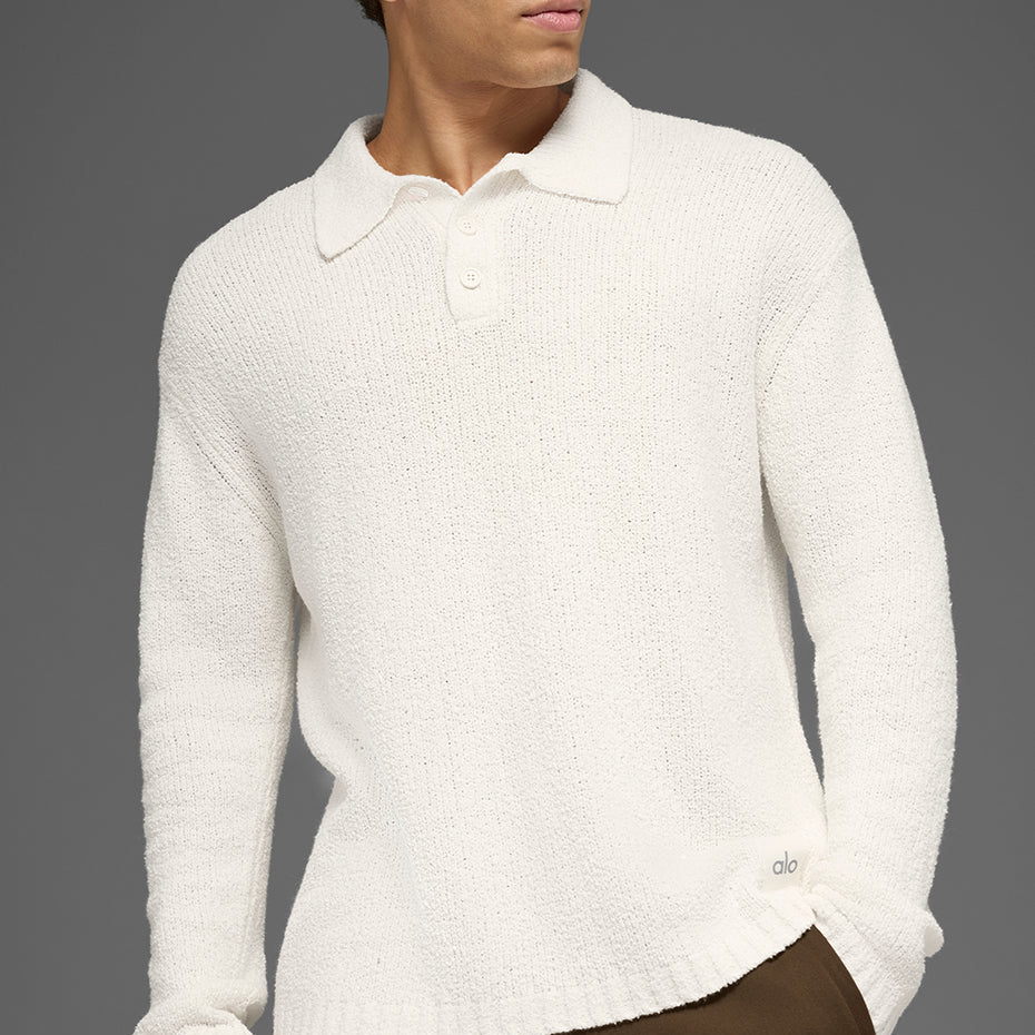 Textured Knit Long Sleeve Polo - Ivory