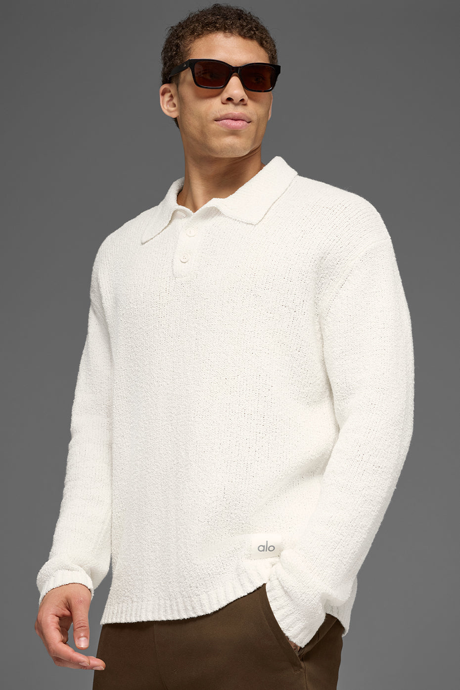 Textured Knit Long Sleeve Polo - Ivory