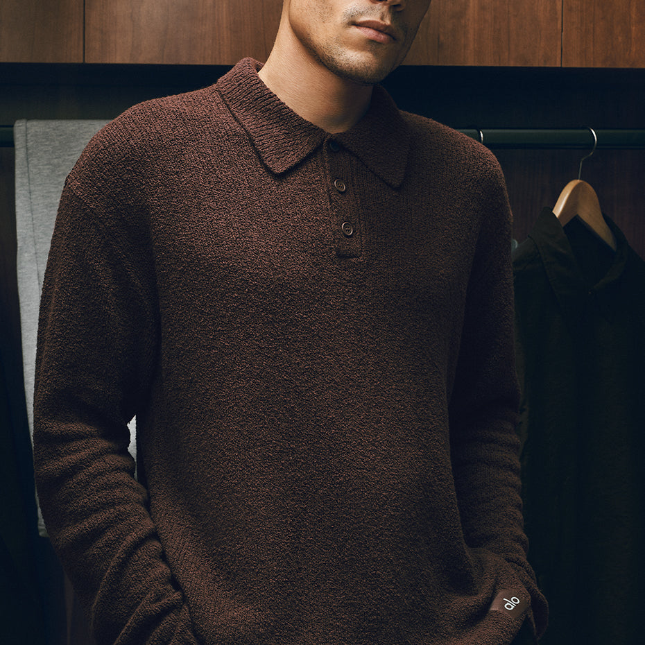 Textured Knit Long Sleeve Polo - Brownstone