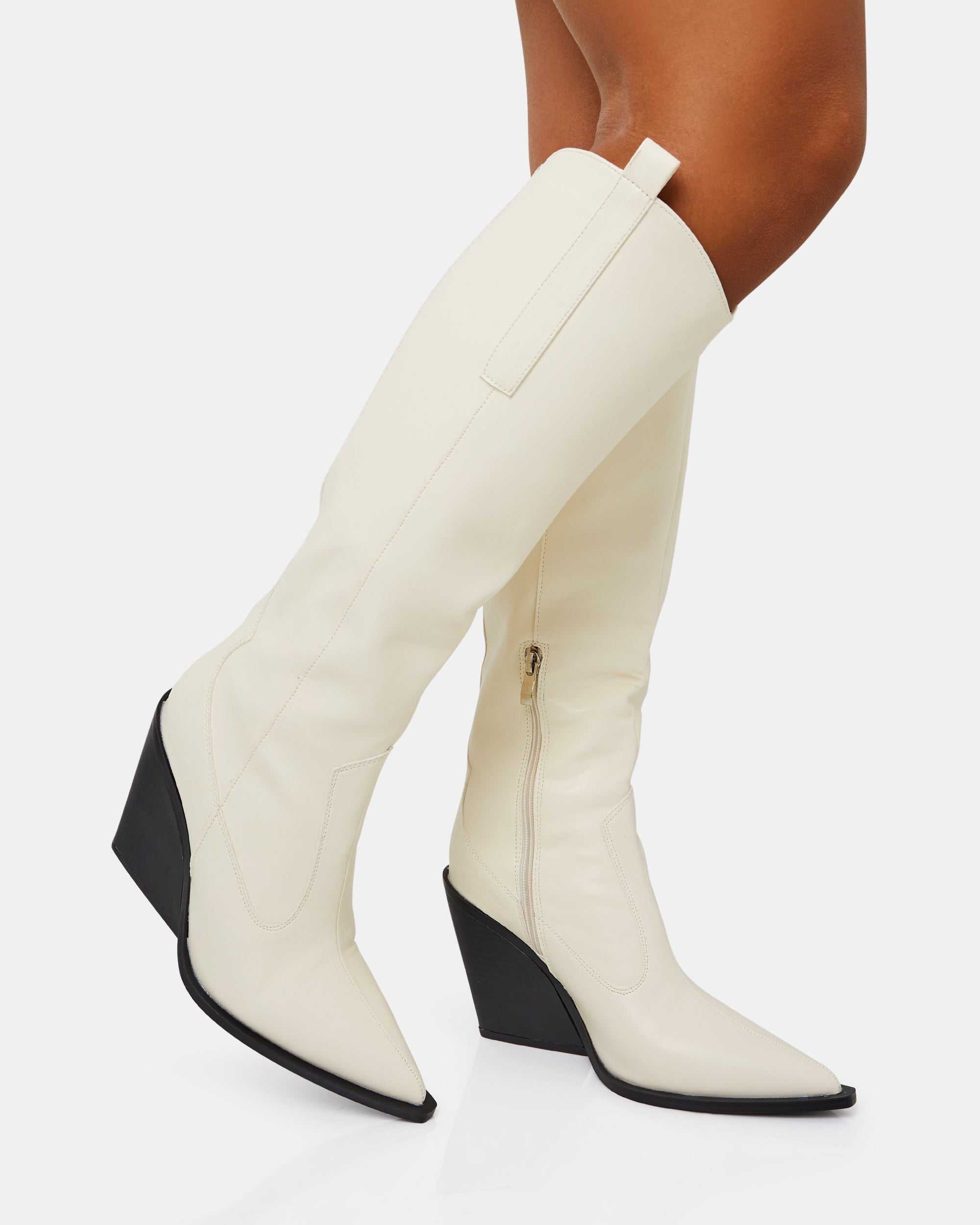 Nevada Ecru Western Cowboy Pointed Toe Block Heel Knee High Boots