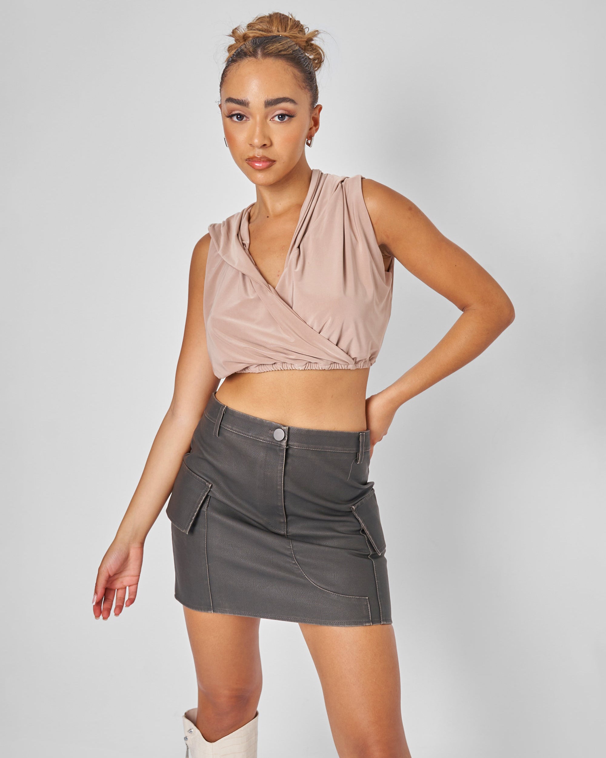 Sleeveless Wrap Front Top With Hood Stone