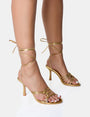 Oceania Gold Strappy Side Knot Lace Up Mid Heels