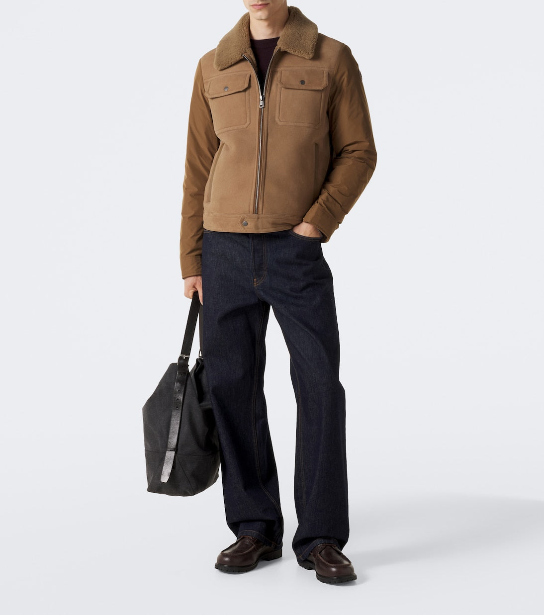 Moncler - Shearling-trimmed suede down jacket