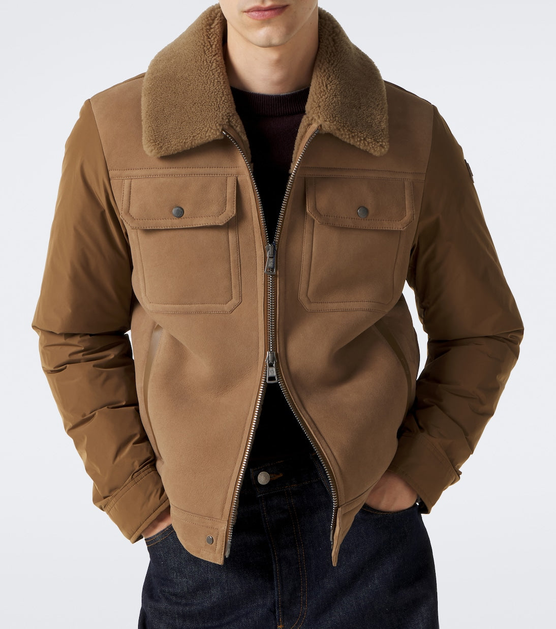 Moncler - Shearling-trimmed suede down jacket
