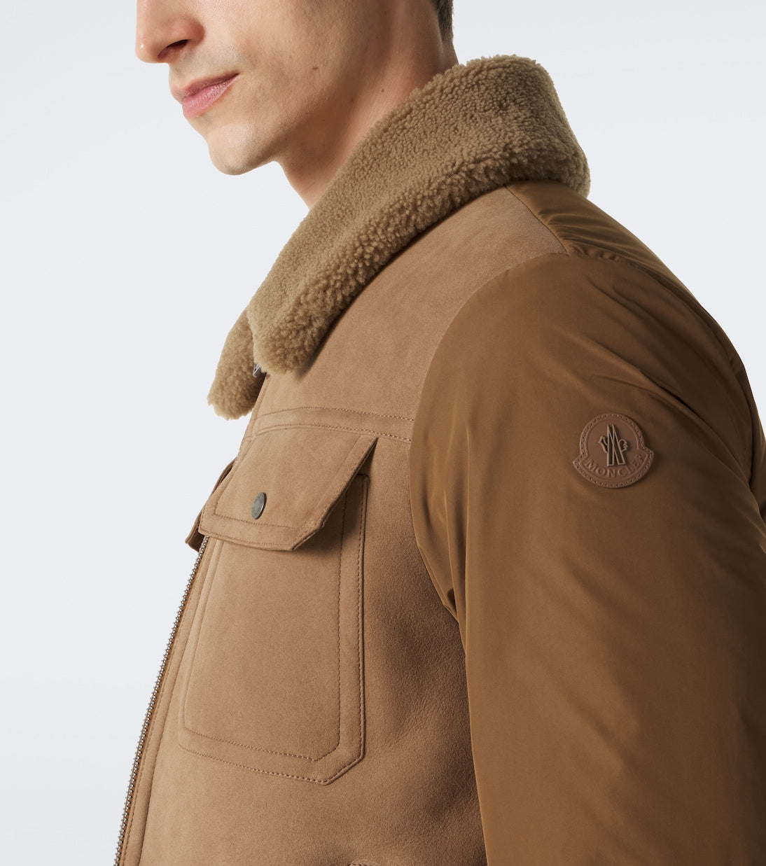 Moncler - Shearling-trimmed suede down jacket