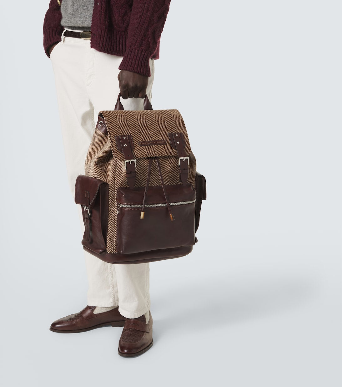 Brunello Cucinelli - Herringbone leather-trimmed backpack