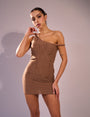 Distressed Twisted Off Shoulder Mini Dress Brown