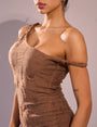 Distressed Twisted Off Shoulder Mini Dress Brown