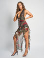 Lace Plunge Halter Neck Ruffle Maxi Dress Multi