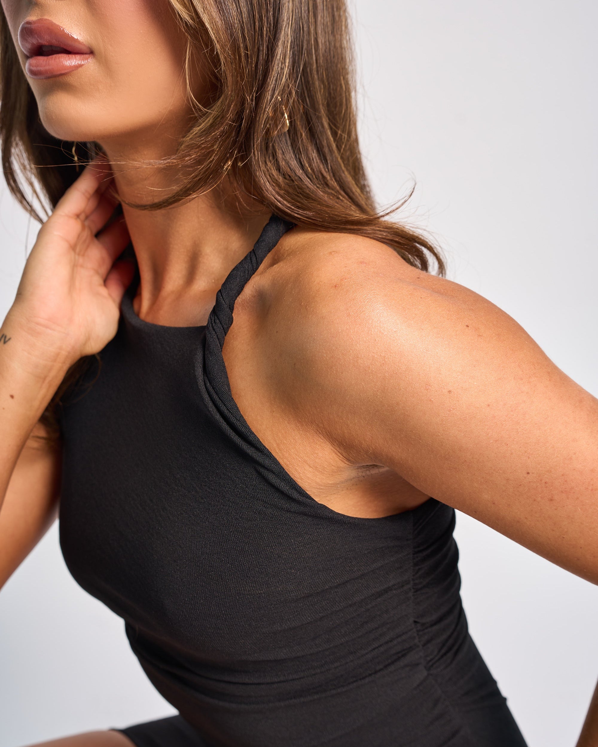 Twist Shoulder Luxe Slinky Mini Dress Black