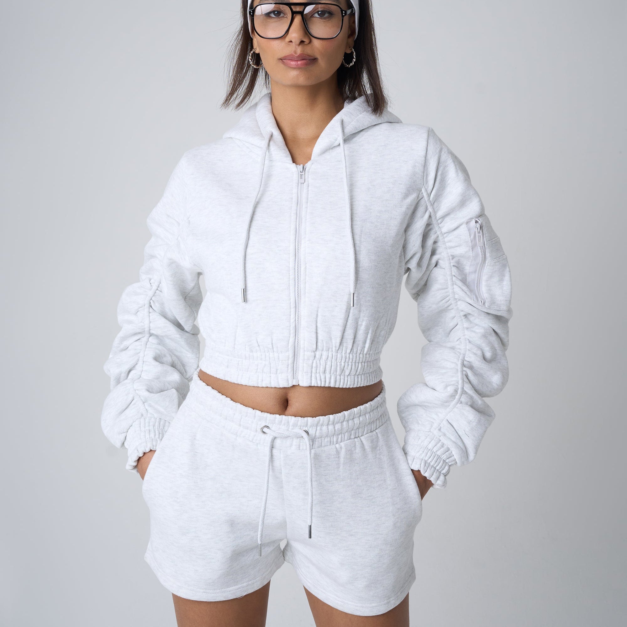Ruched Sleeve Zip Up Cropped Hoodie Grey Marl
