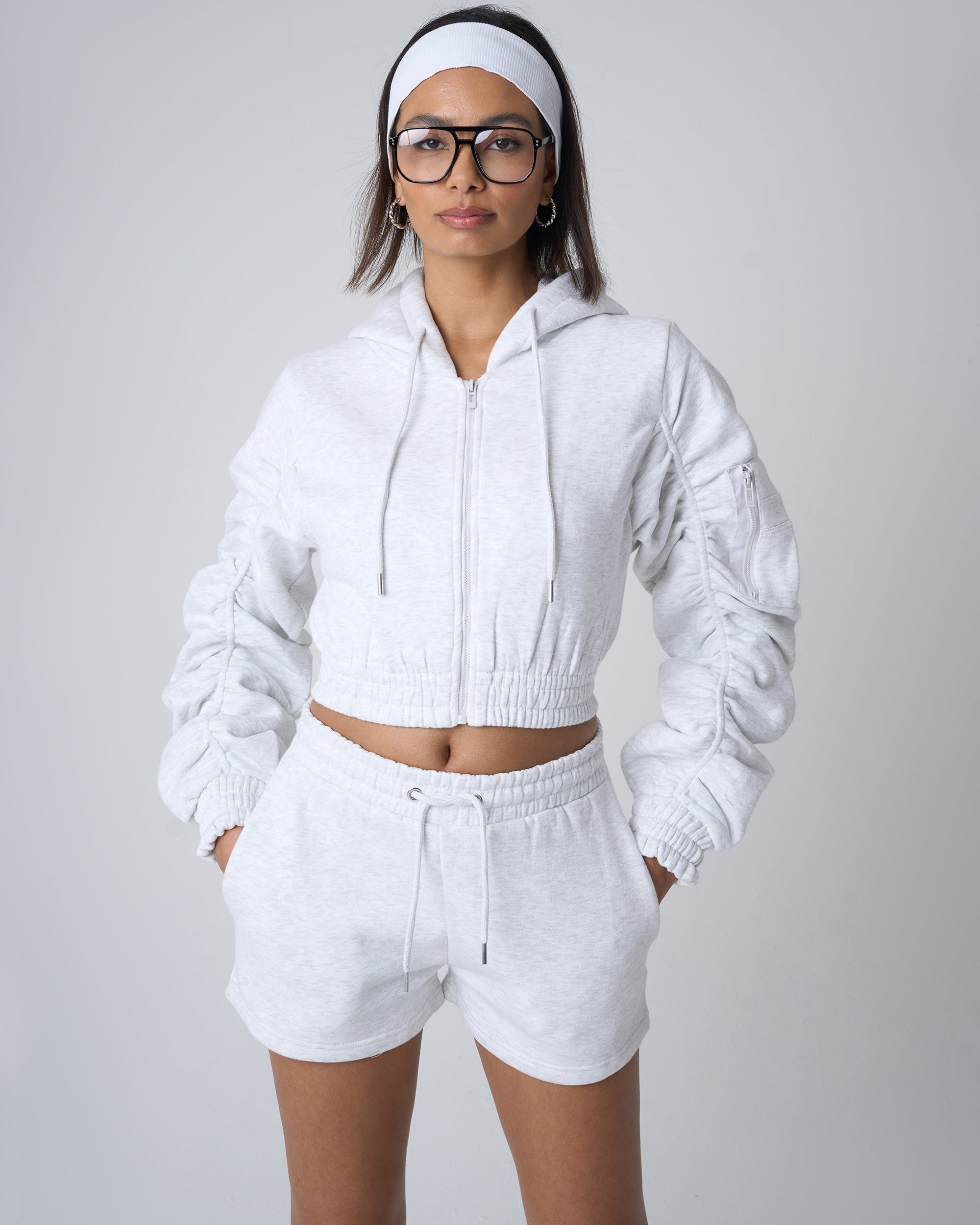 Ruched Sleeve Zip Up Cropped Hoodie Grey Marl