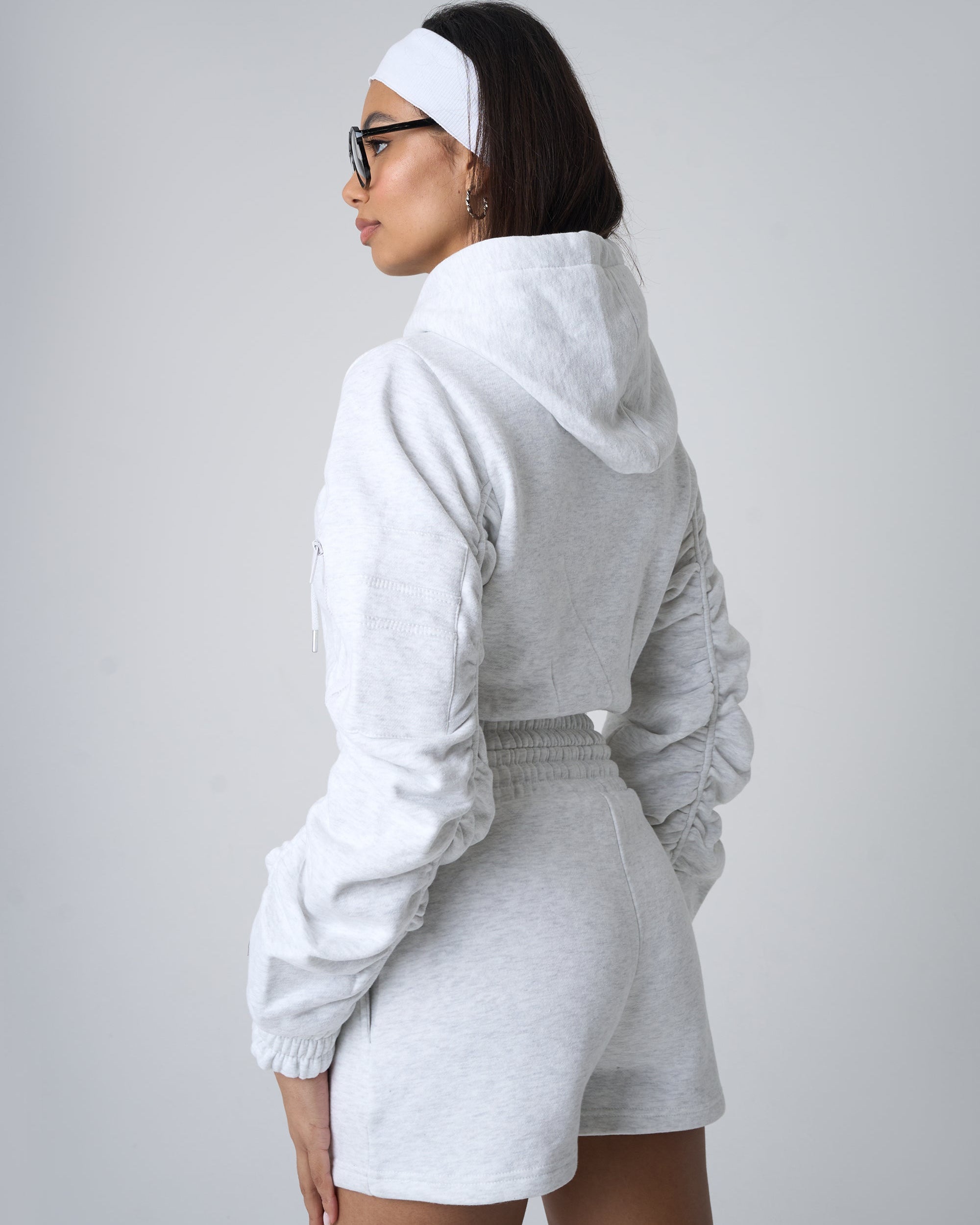 Ruched Sleeve Zip Up Cropped Hoodie Grey Marl