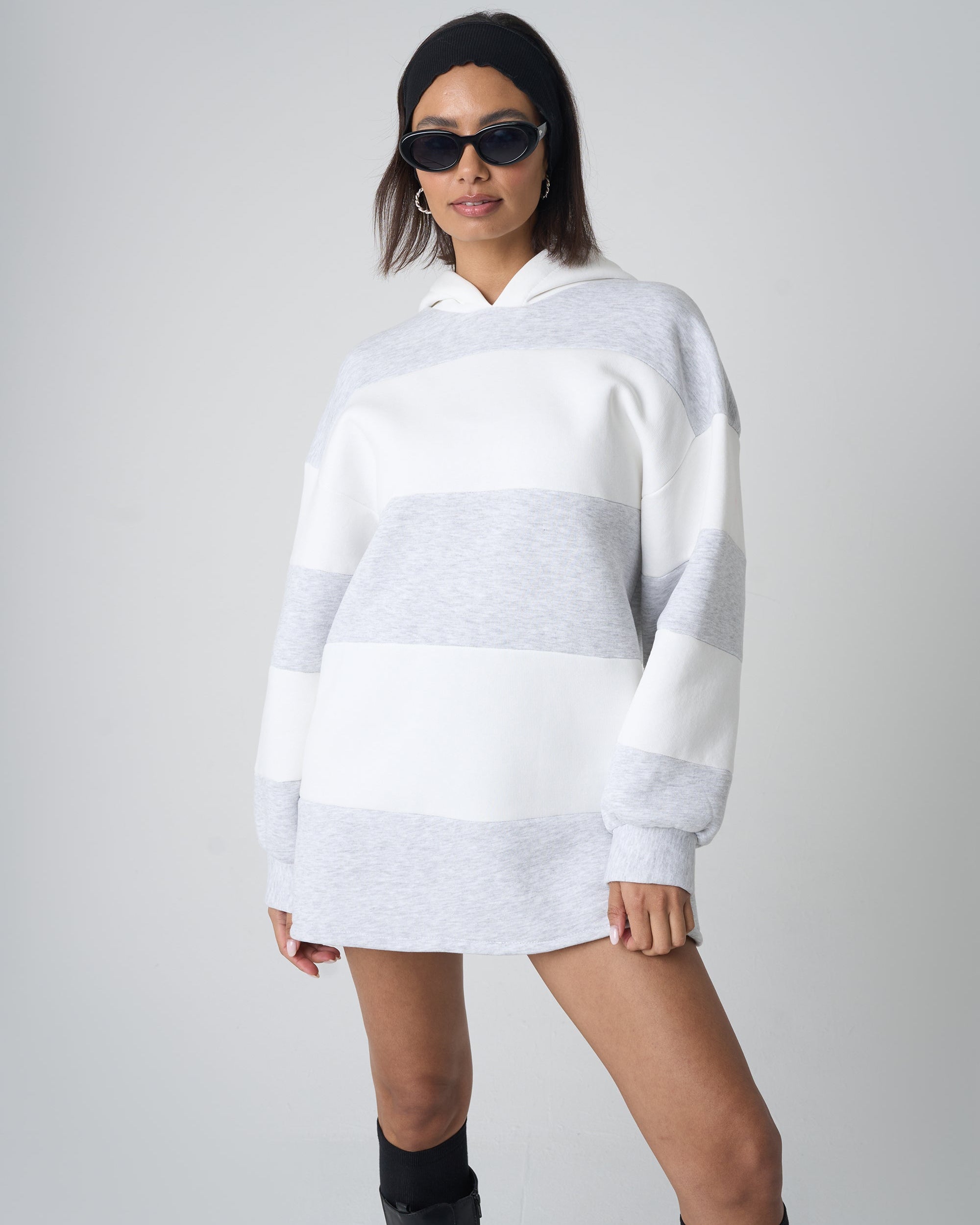Oversized Striped Hoodie Grey & White