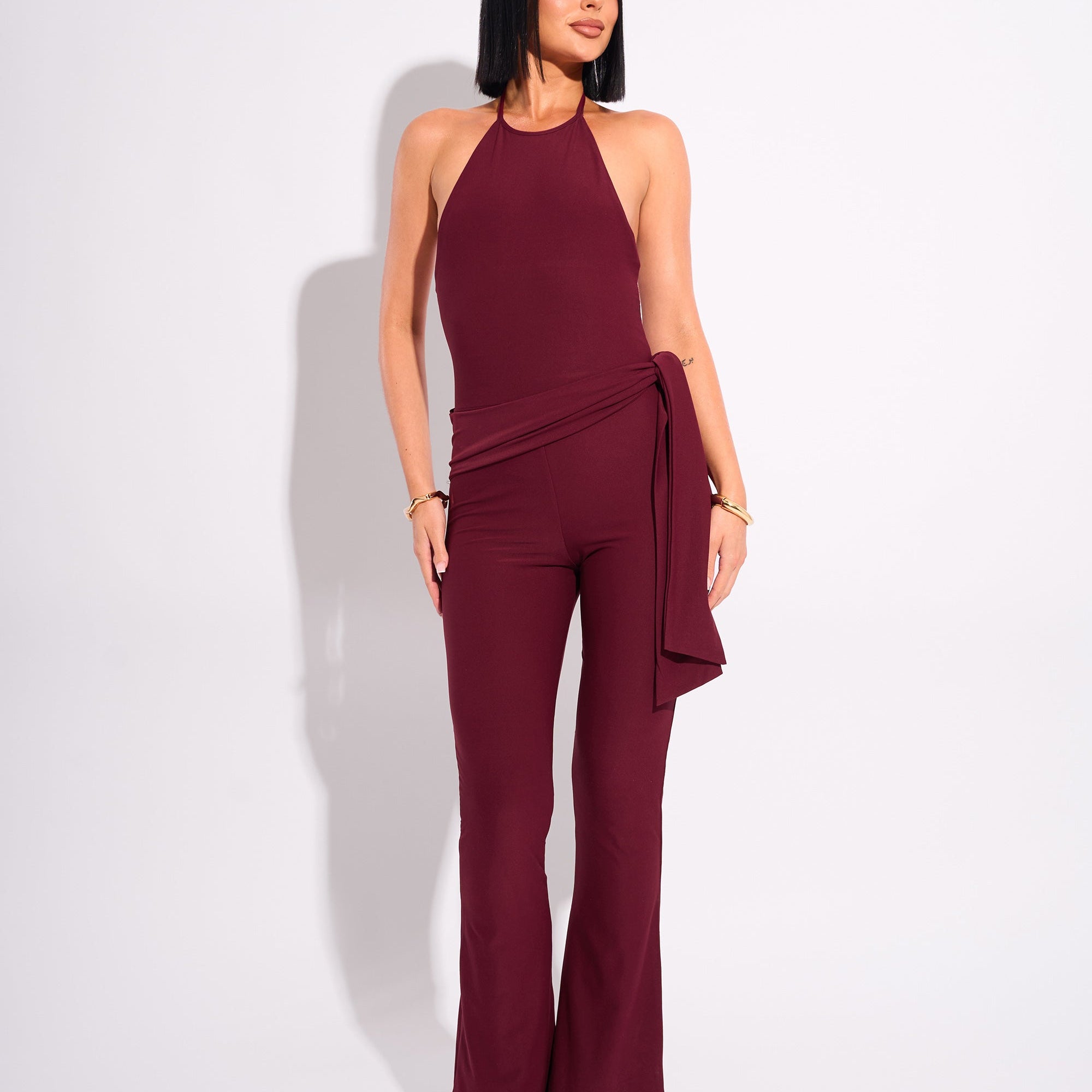 Tie Back Luxe Slinky Jumpsuit Burgundy