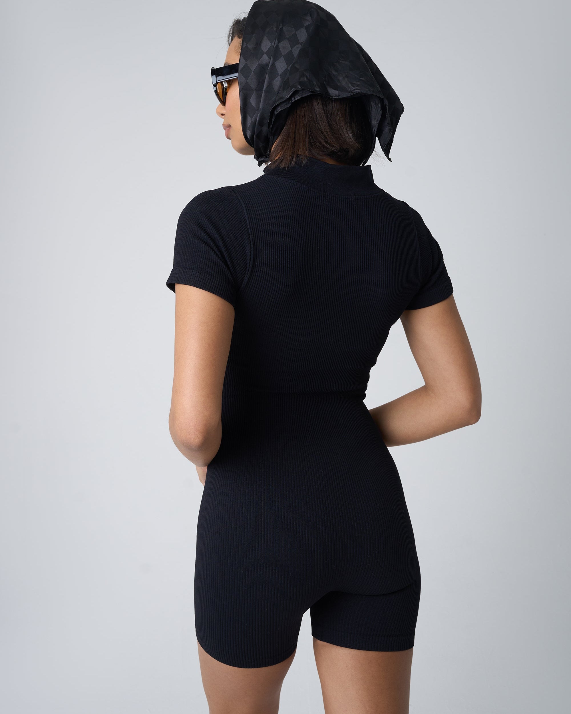 Ribbed Zip Up Unitard Black