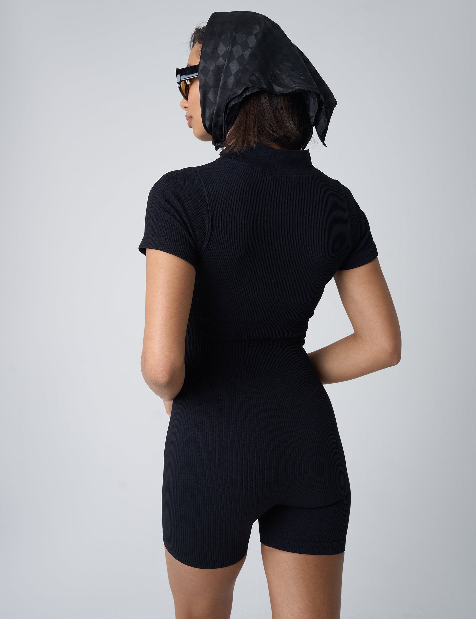 Ribbed Zip Up Unitard Black