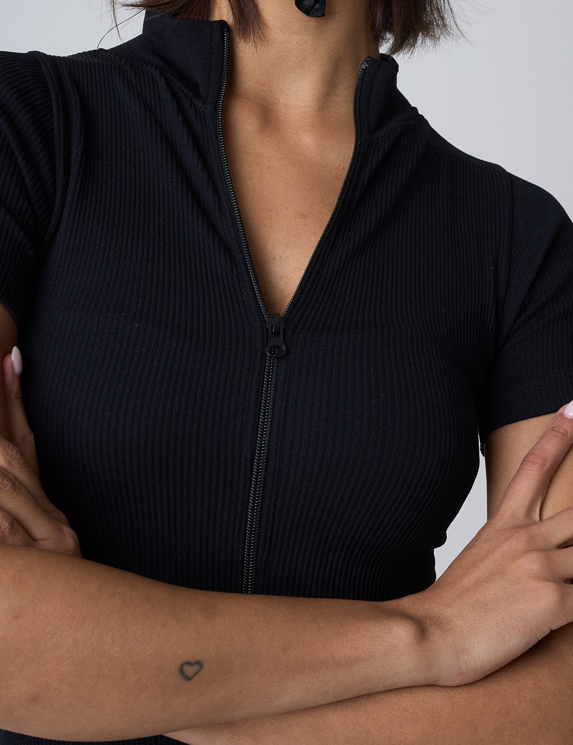 Ribbed Zip Up Unitard Black