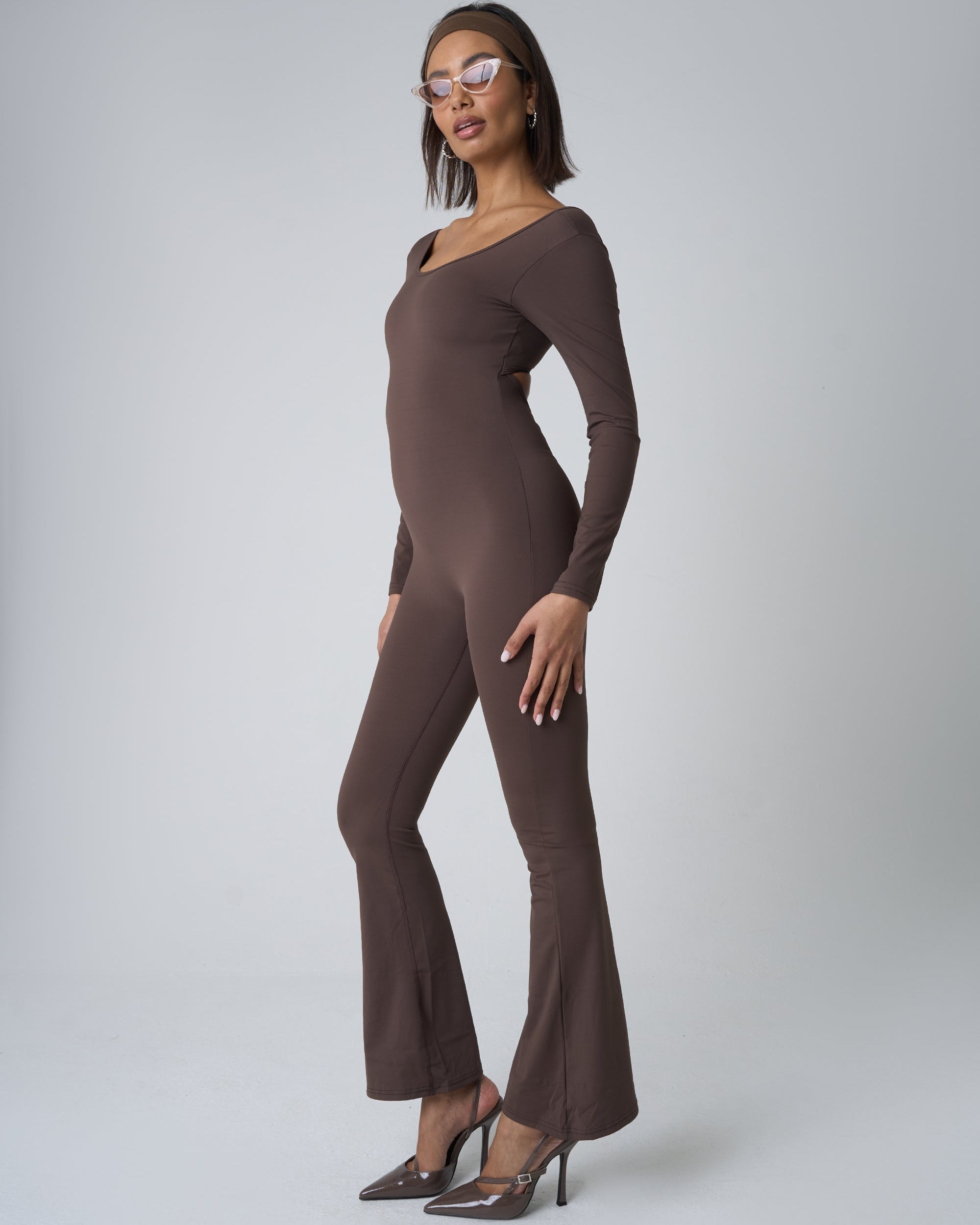 Cut Out Back Detail Long Sleeve Jumpsuit Beige