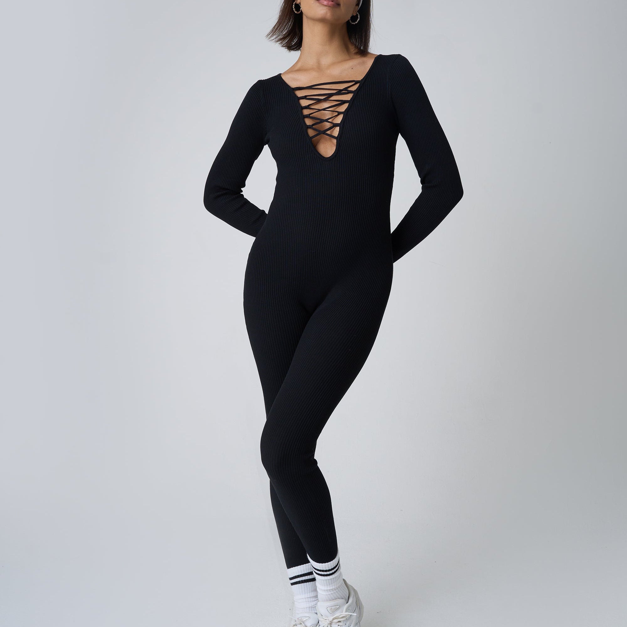 Tie Front Ribbed Long Sleeve Unitard Black