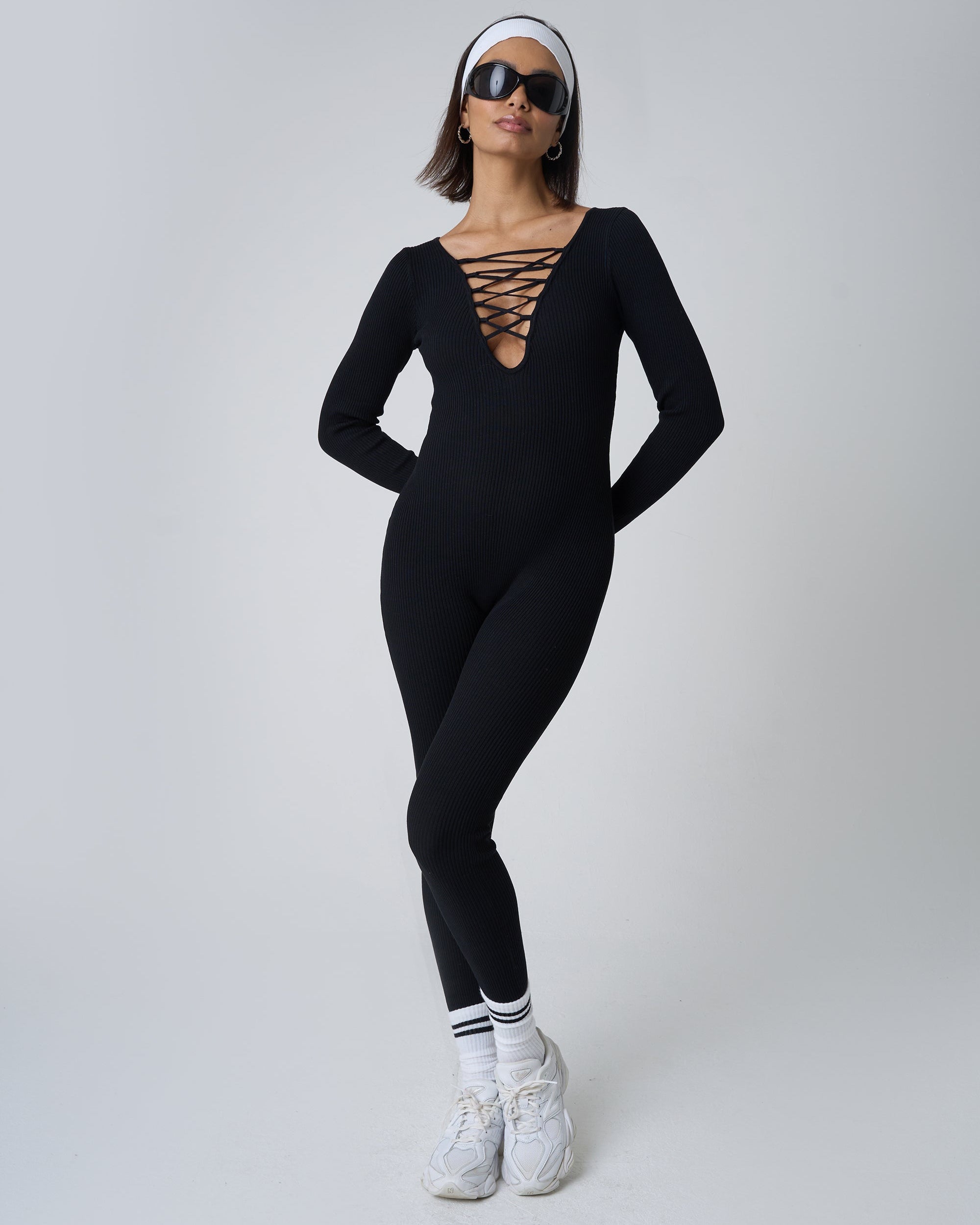 Tie Front Ribbed Long Sleeve Unitard Black