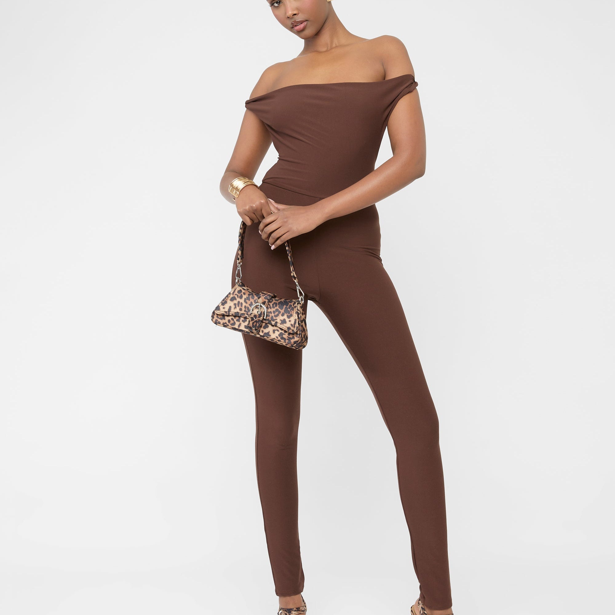 Twist Back Detail Off The Shoulder Luxe Slinky Jumpsuit Brown