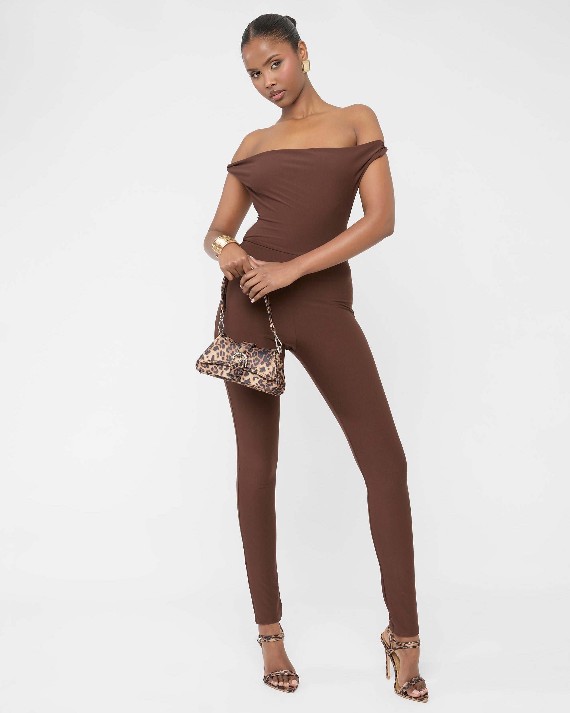 Twist Back Detail Off The Shoulder Luxe Slinky Jumpsuit Brown