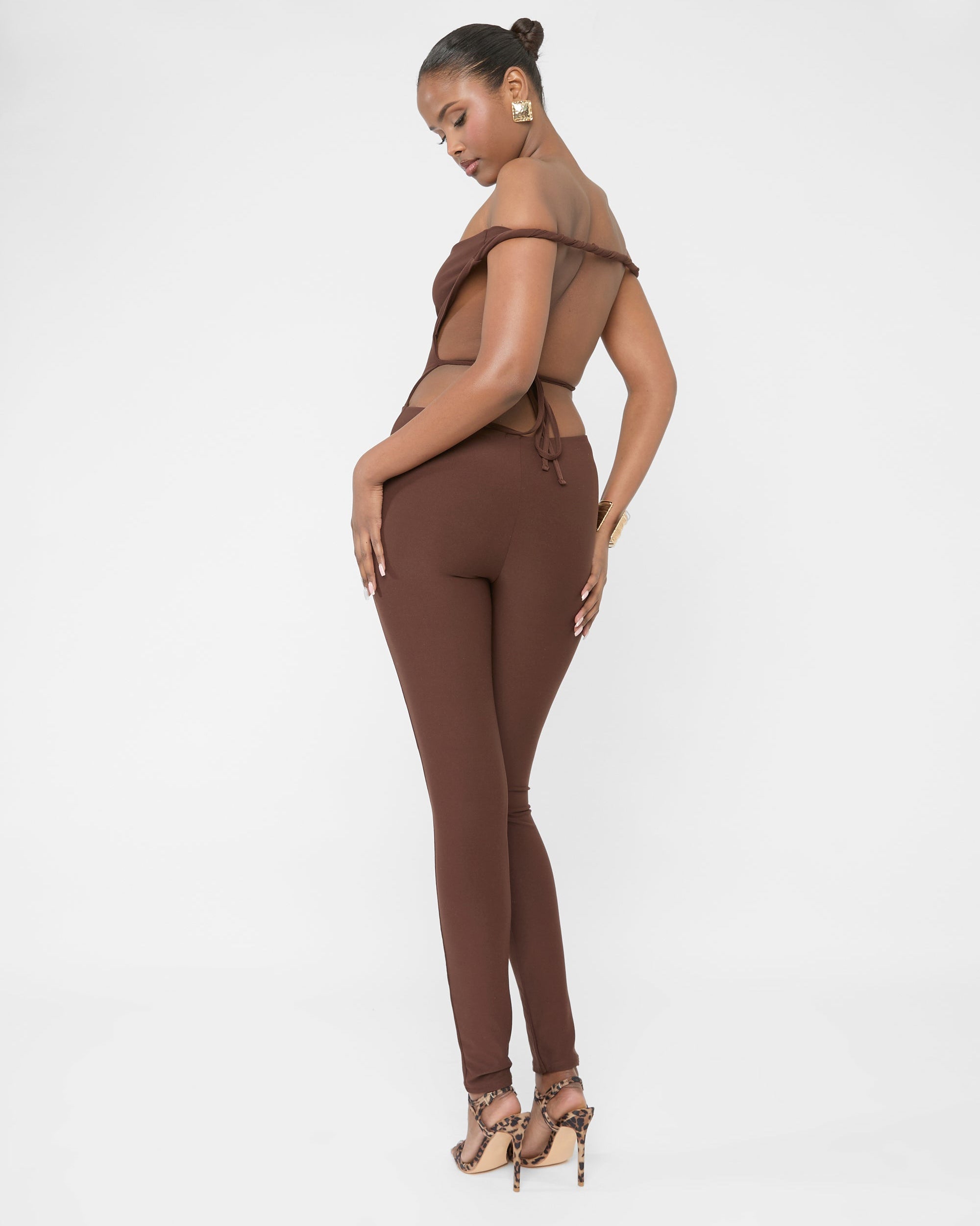 Twist Back Detail Off The Shoulder Luxe Slinky Jumpsuit Brown