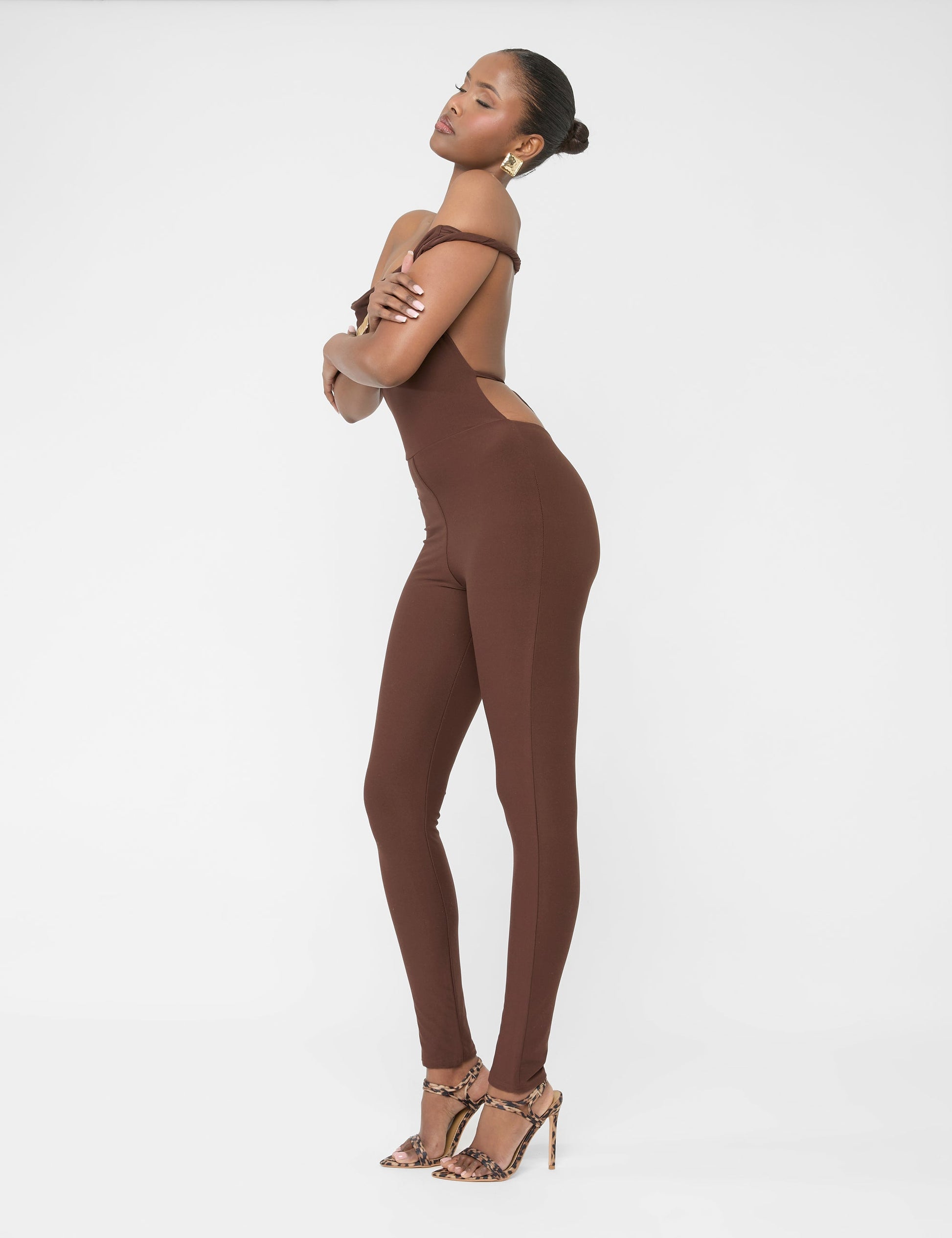 Twist Back Detail Off The Shoulder Luxe Slinky Jumpsuit Brown