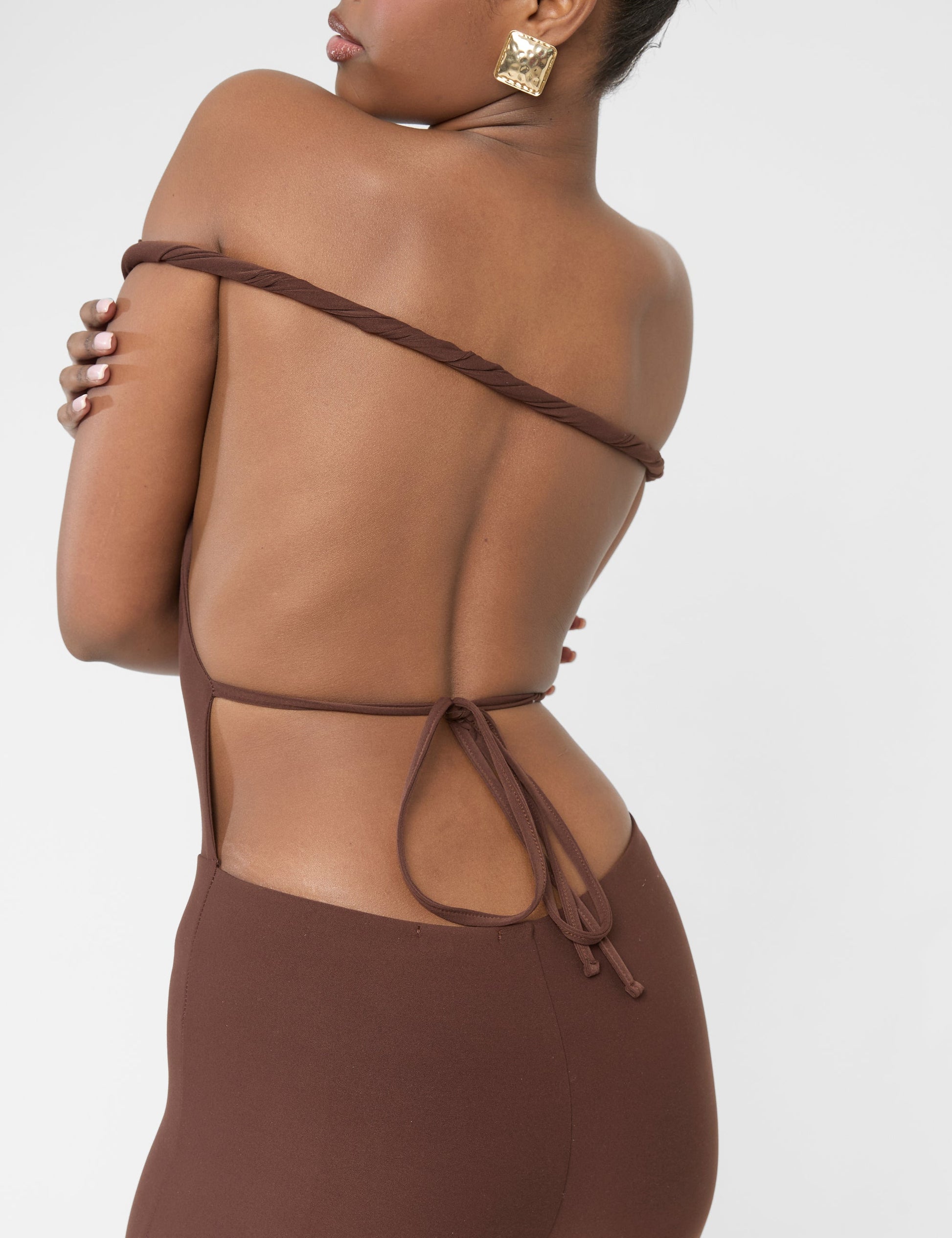 Twist Back Detail Off The Shoulder Luxe Slinky Jumpsuit Brown