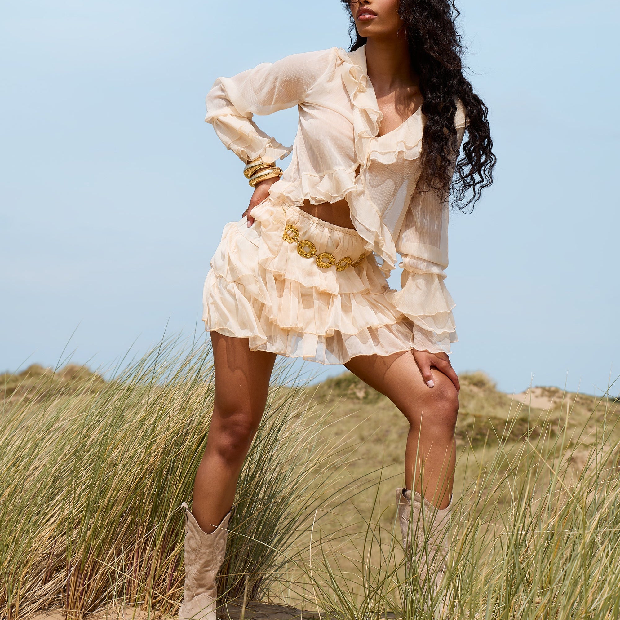 Sheer Ruffle Tiered Mini Skirt Stone