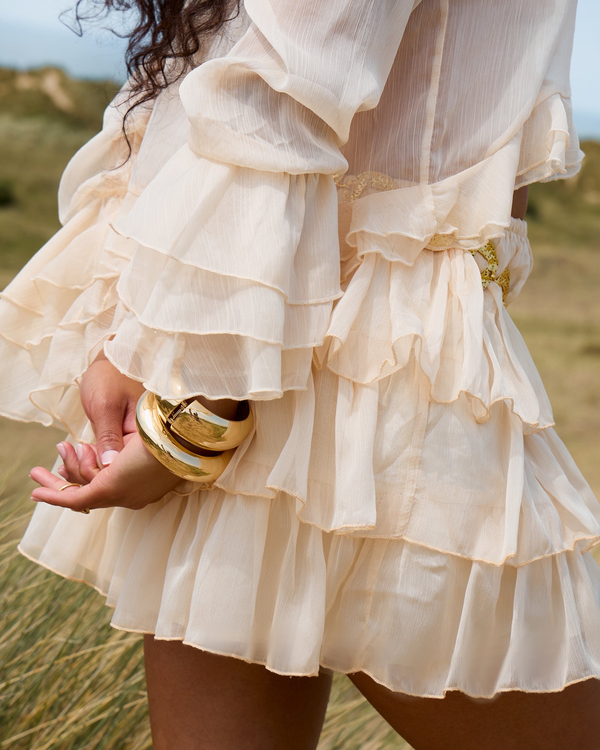 Sheer Ruffle Tiered Mini Skirt Stone