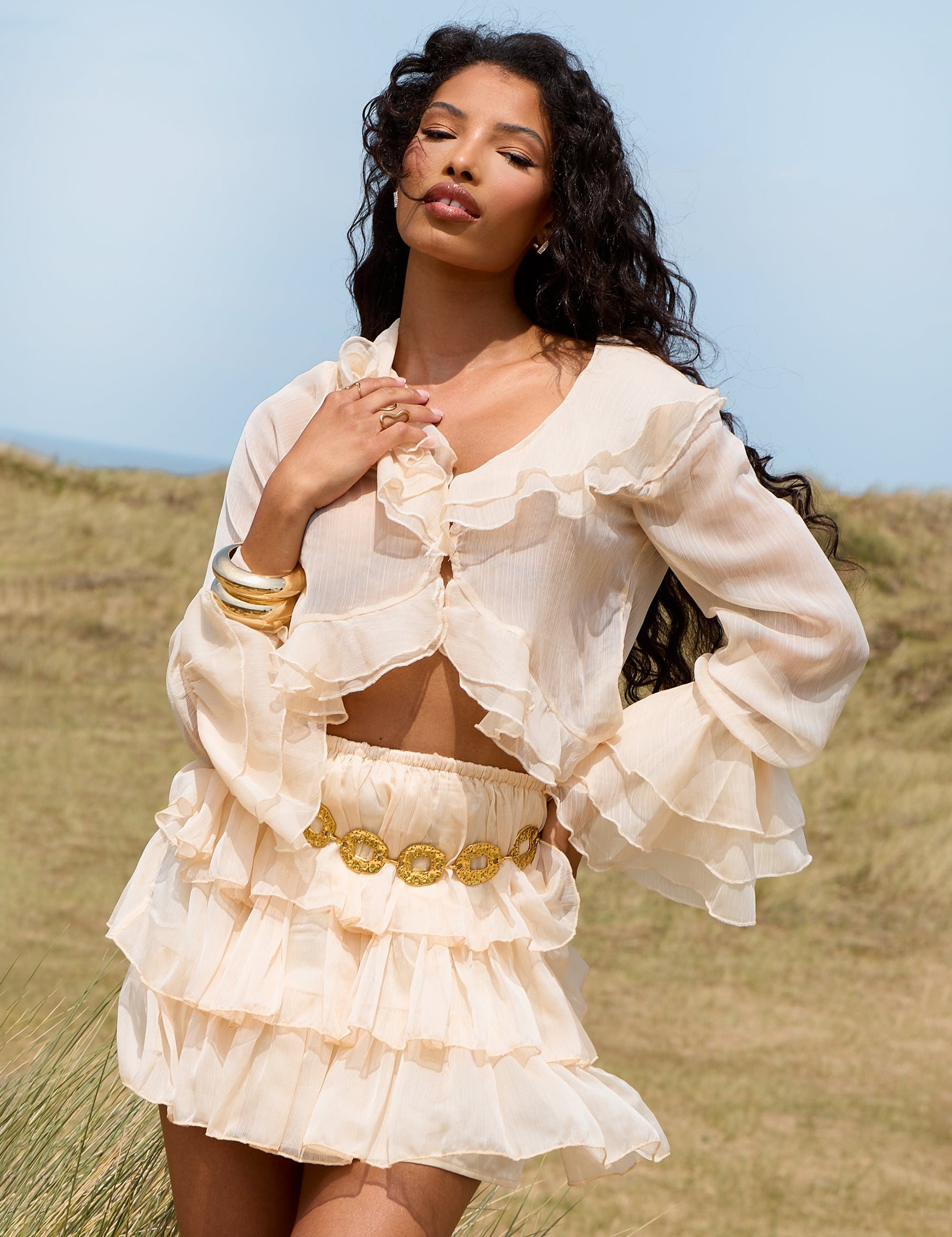 Sheer Ruffle Tiered Mini Skirt Stone