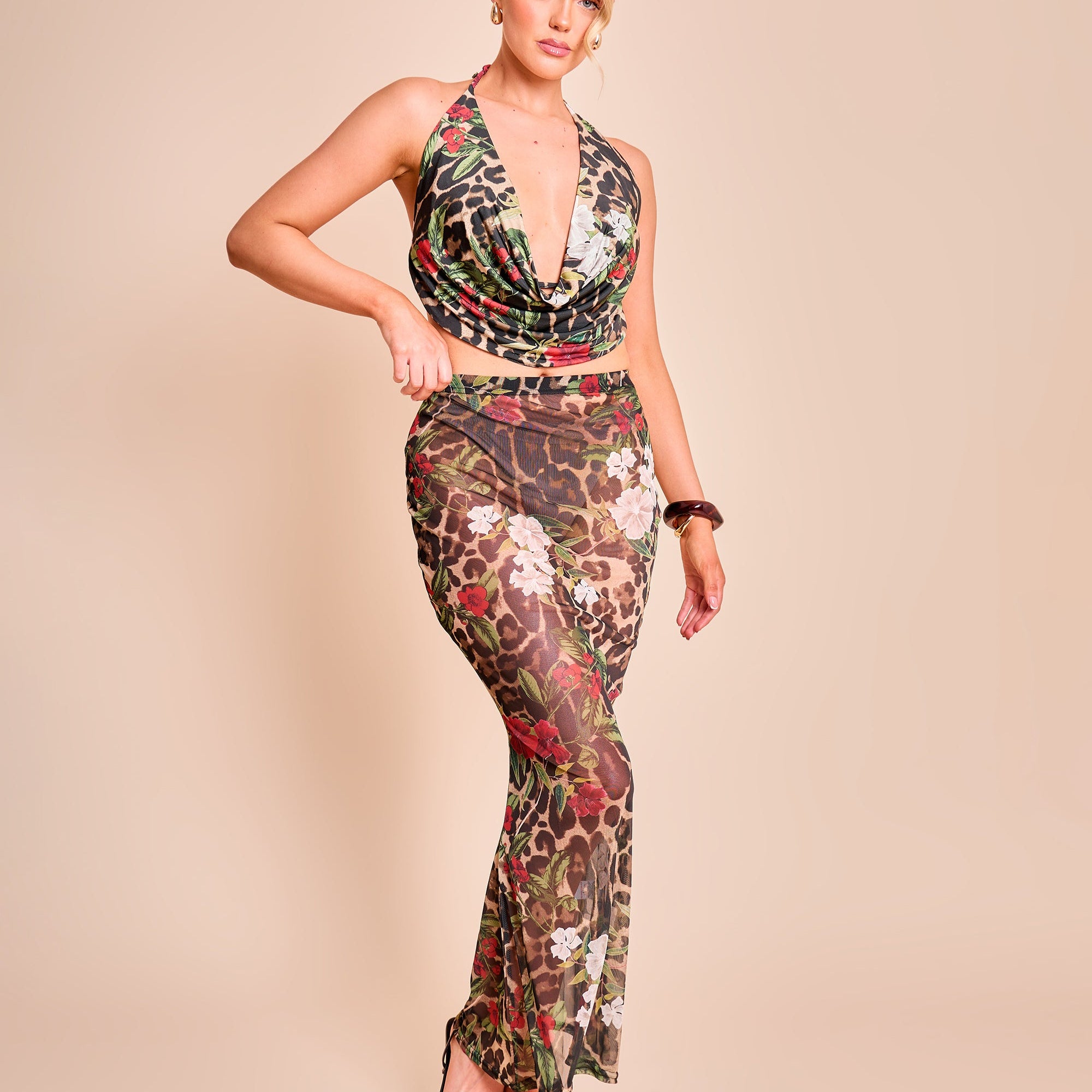 Printed Mesh Maxi Skirt Multi