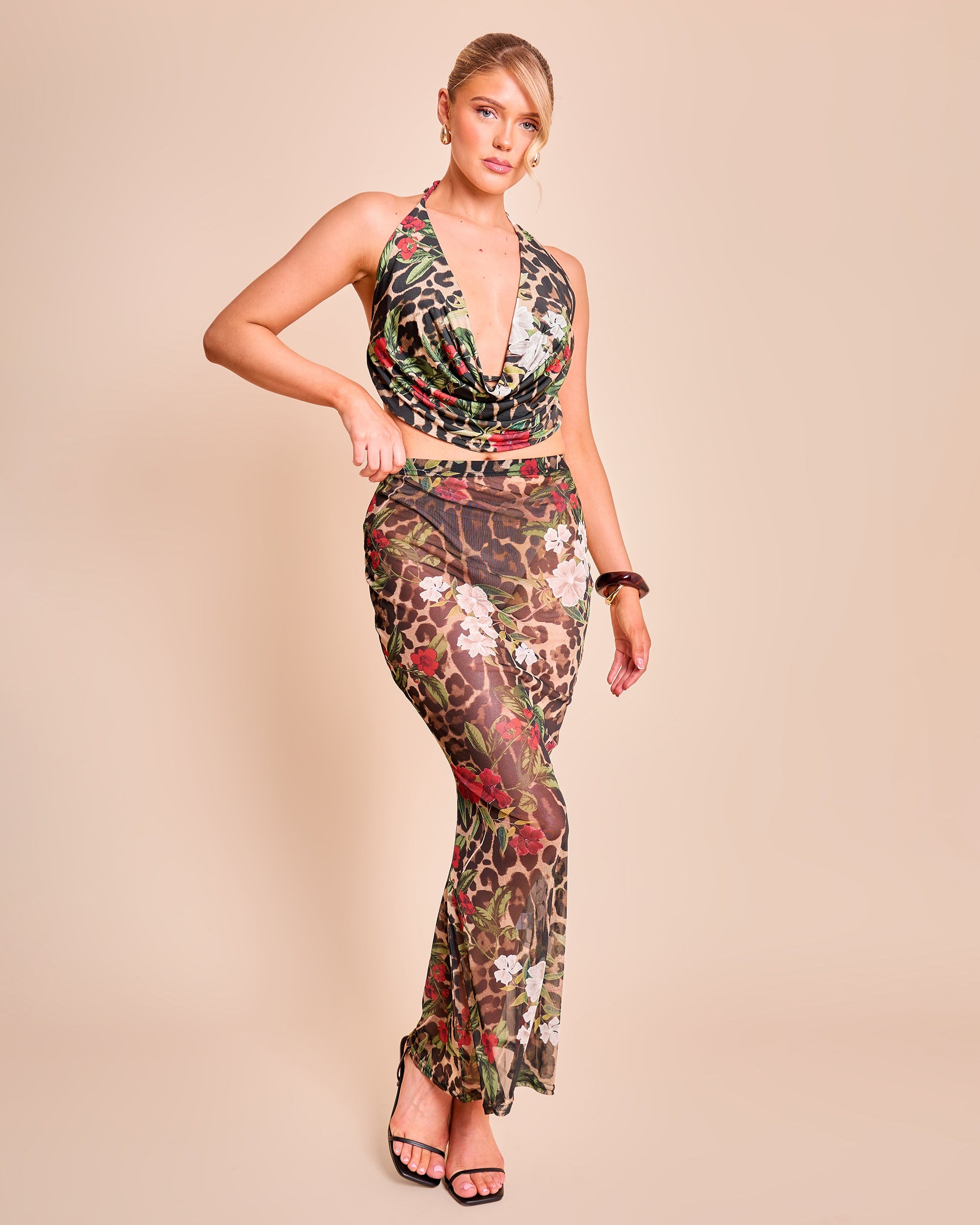 Printed Mesh Maxi Skirt Multi