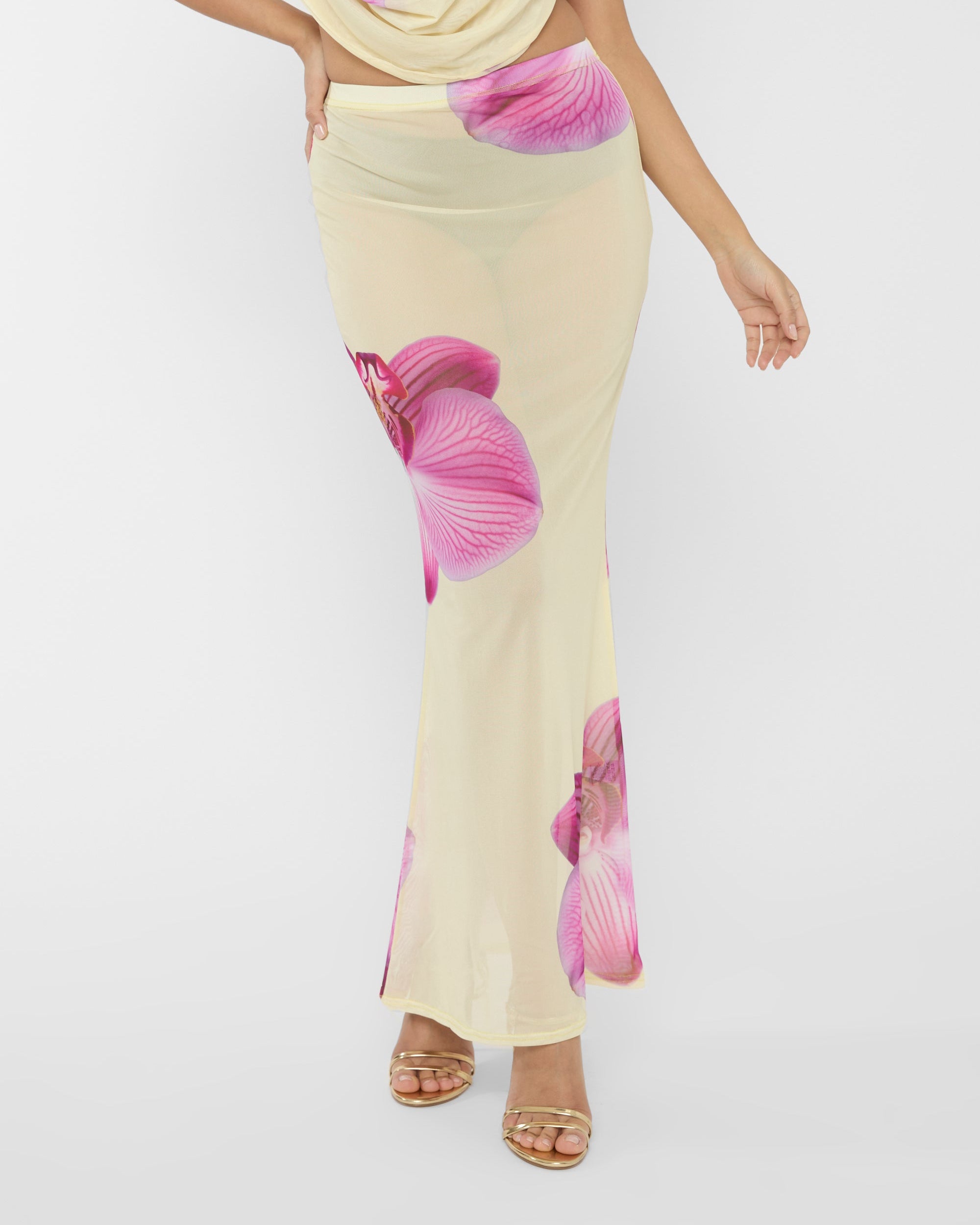 Printed Floral Mesh Maxi Skirt Co-ord Yellow