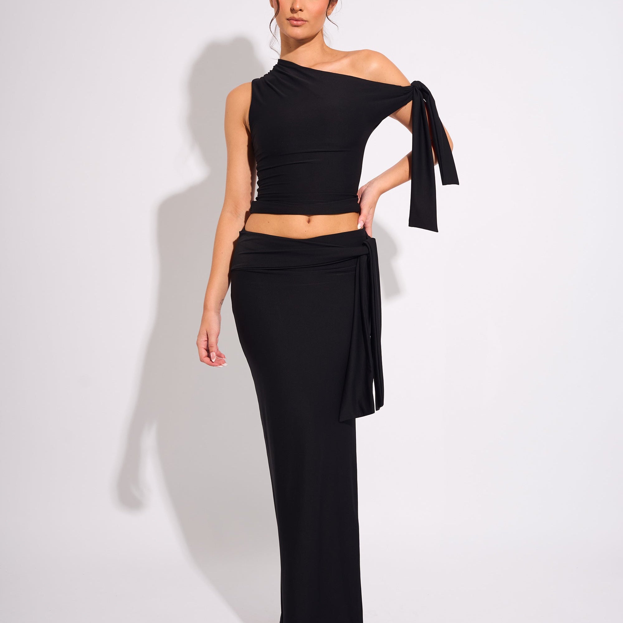Knot Detail Luxe Slinky Maxi Skirt Black