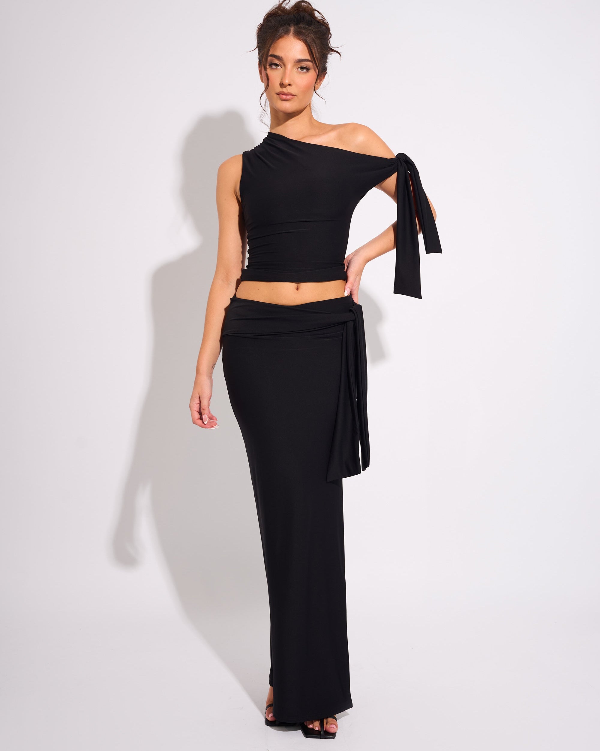 Knot Detail Luxe Slinky Maxi Skirt Black