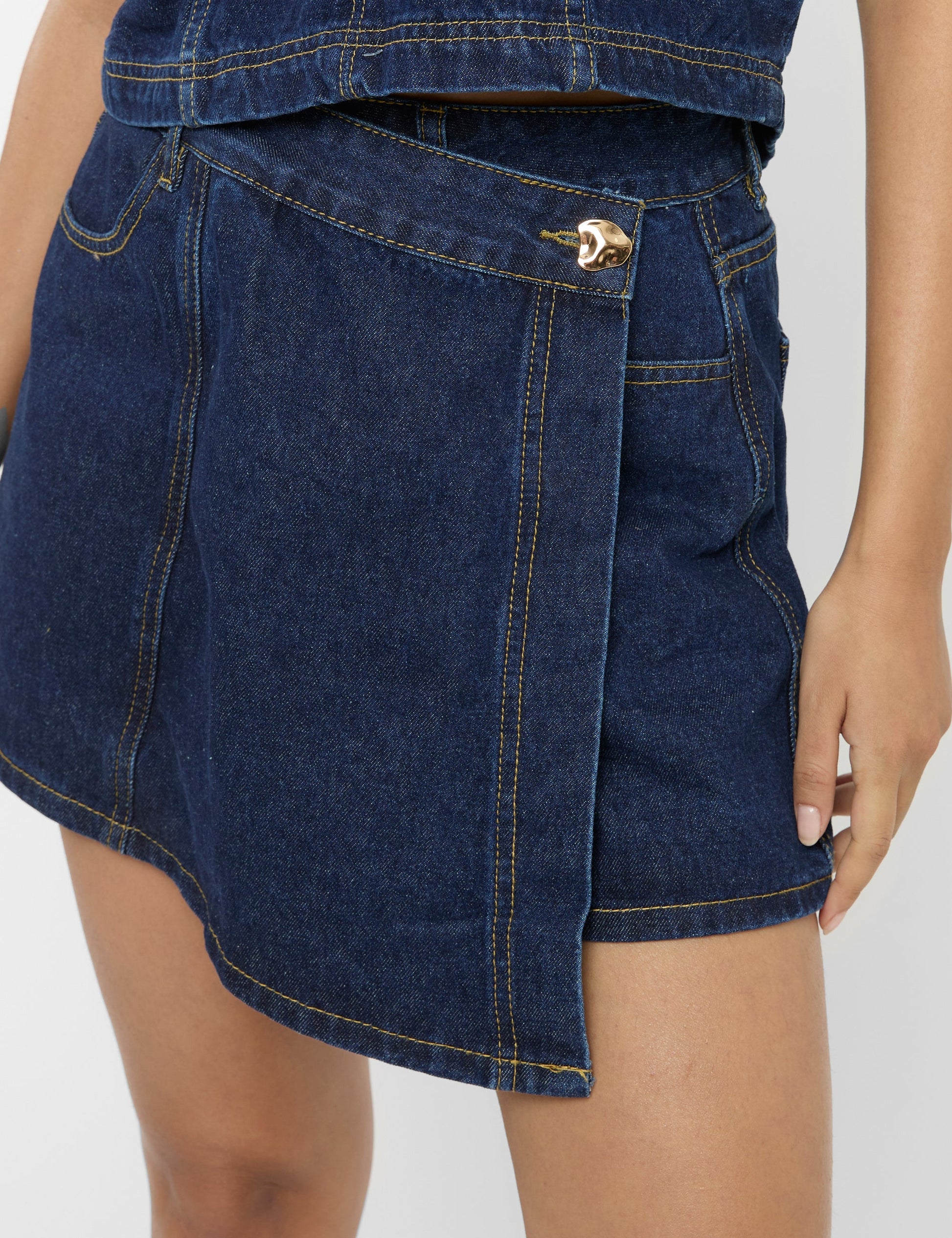 Front Wrap Denim Skort Dark Blue