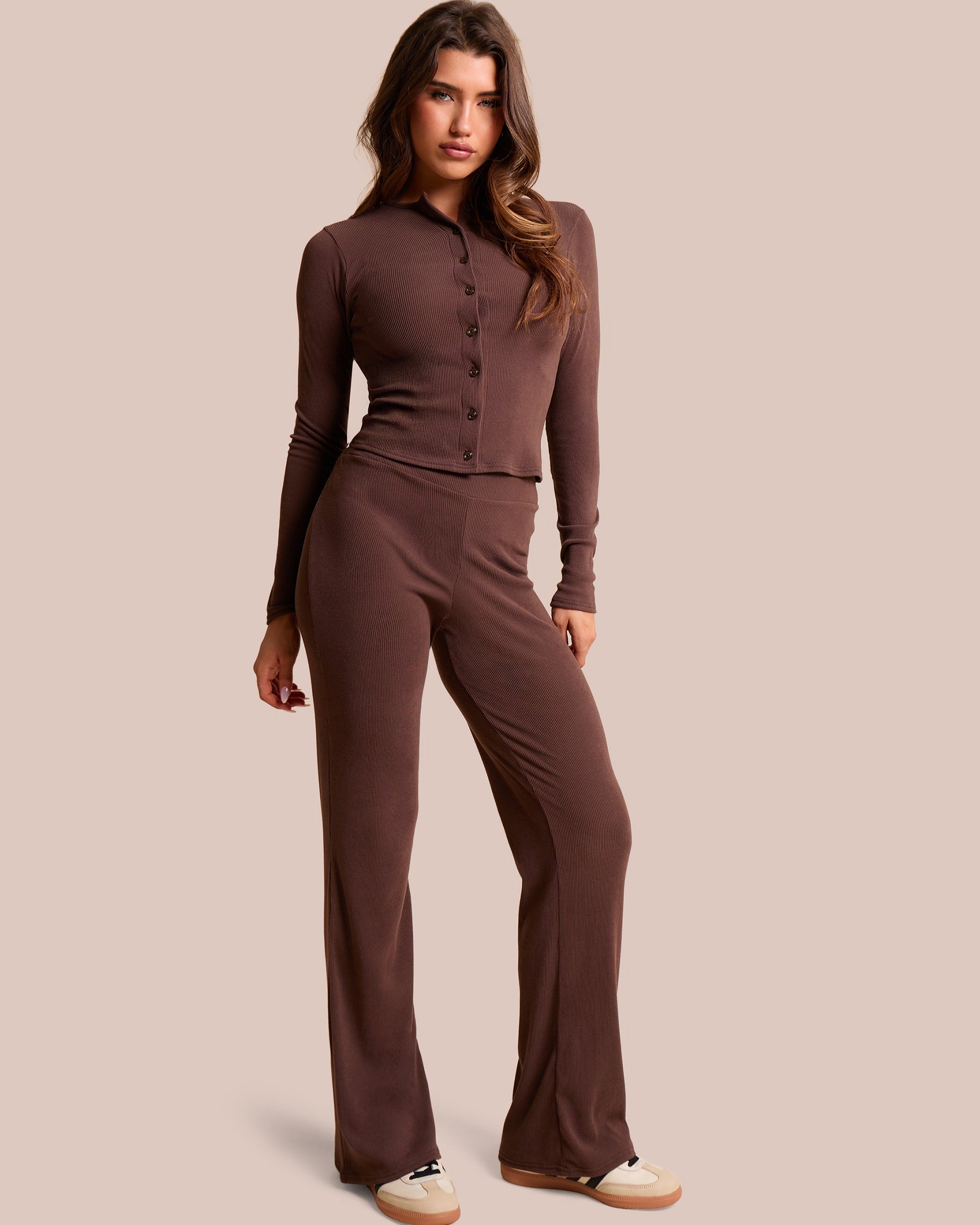 Rib Button Through Long Sleeve Top Chocolate