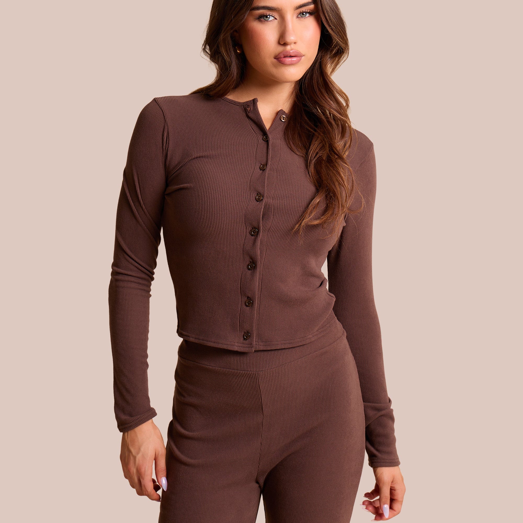 Rib Button Through Long Sleeve Top Chocolate