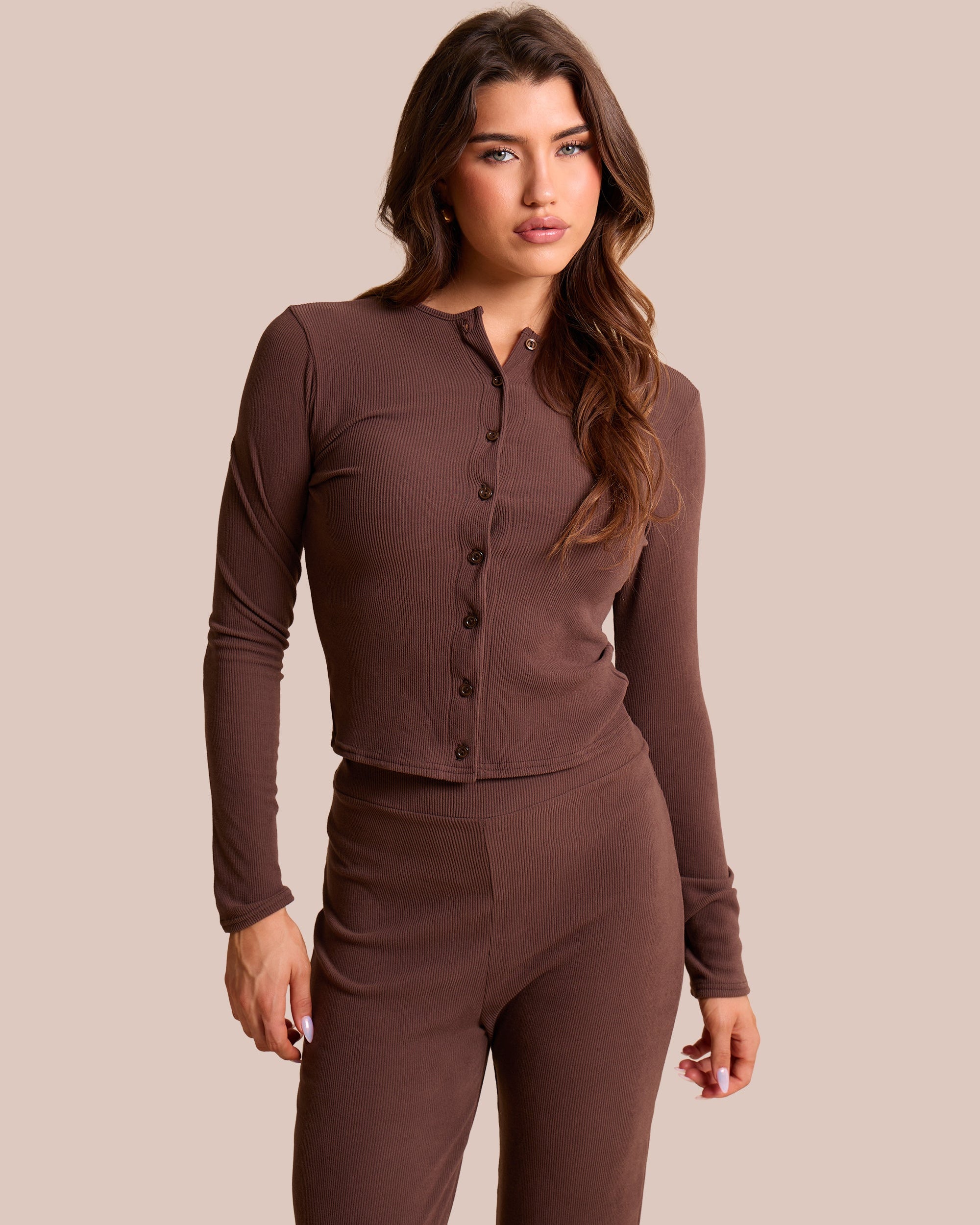 Rib Button Through Long Sleeve Top Chocolate