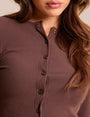 Rib Button Through Long Sleeve Top Chocolate