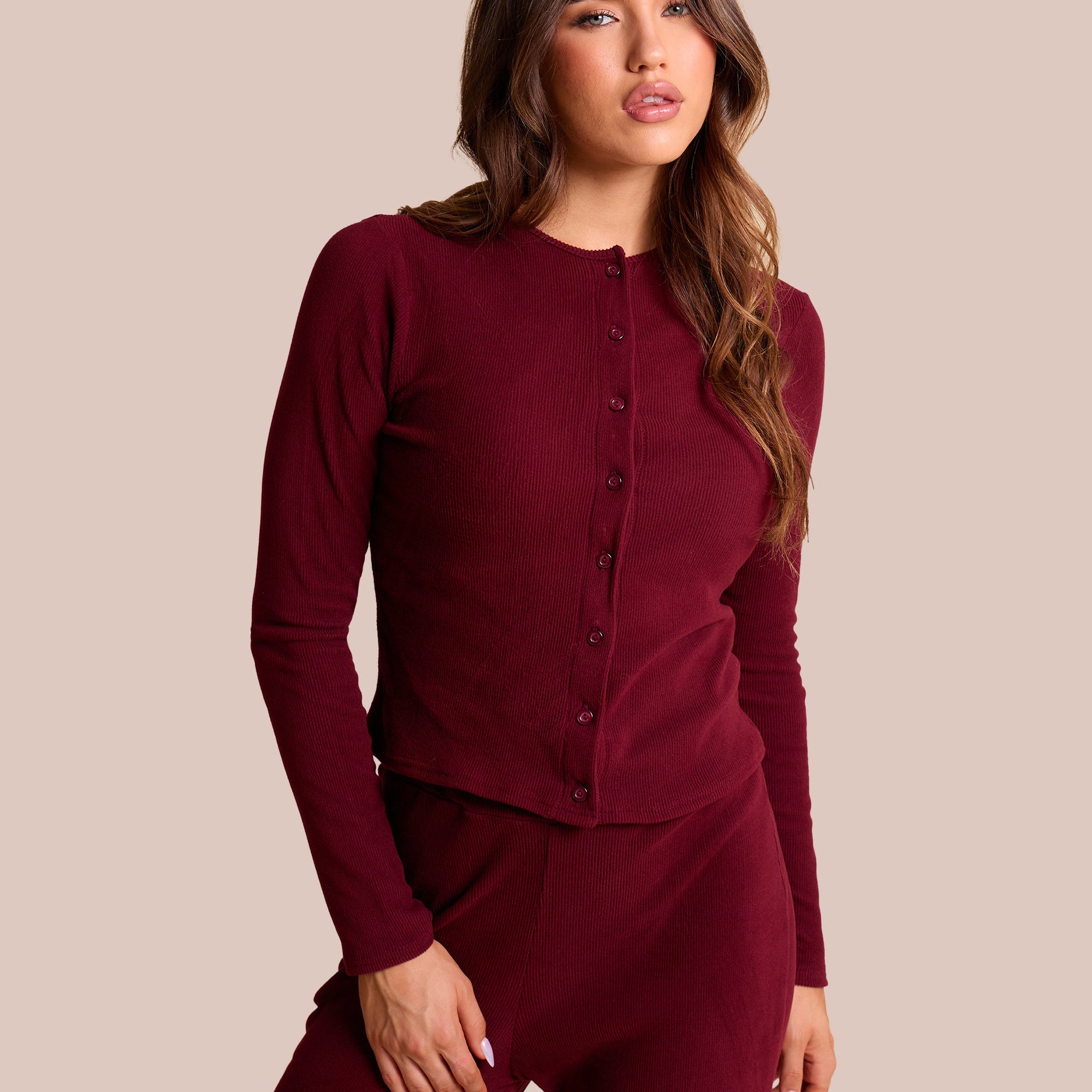 Rib Button Through Long Sleeve Top Burgundy