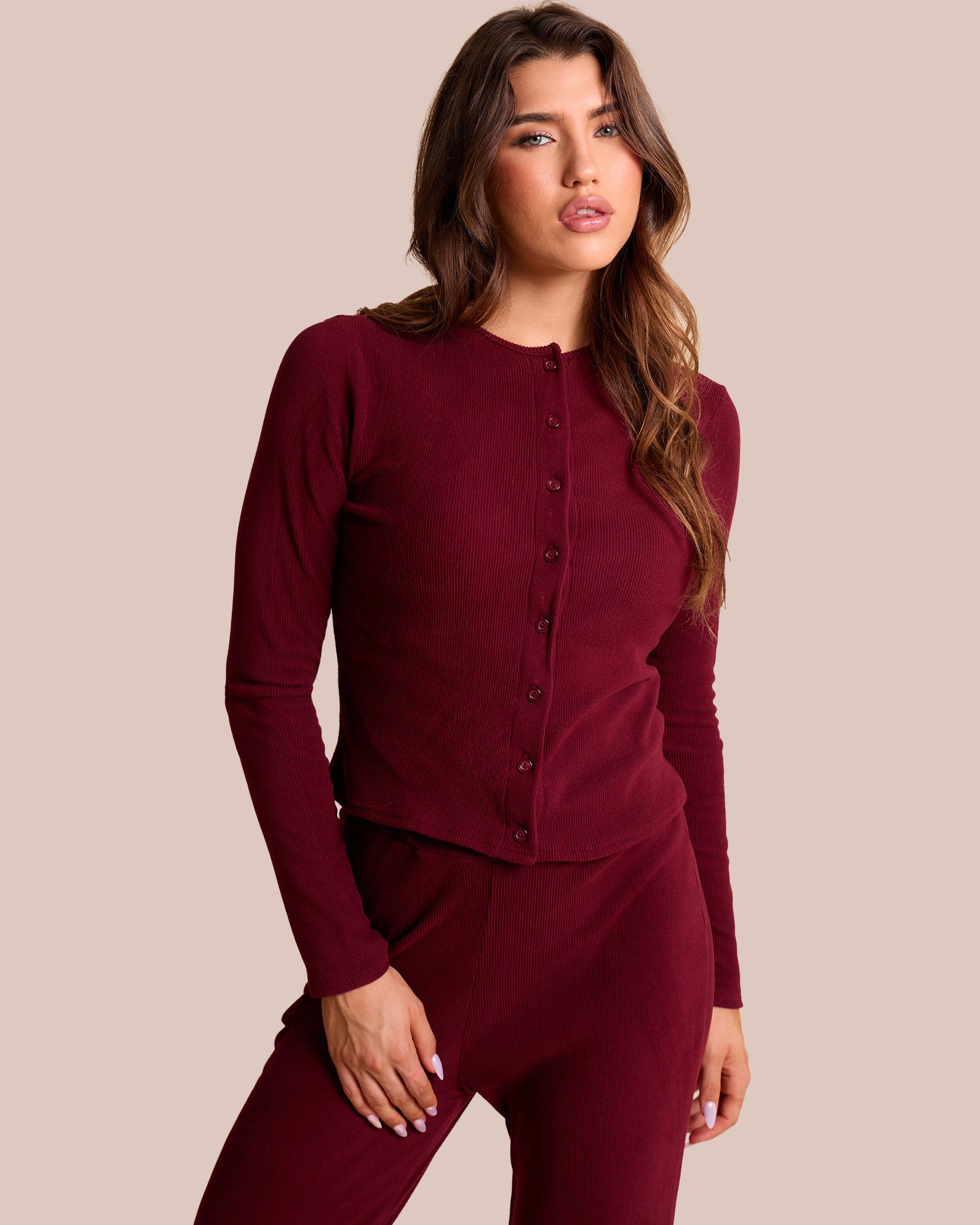 Rib Button Through Long Sleeve Top Burgundy