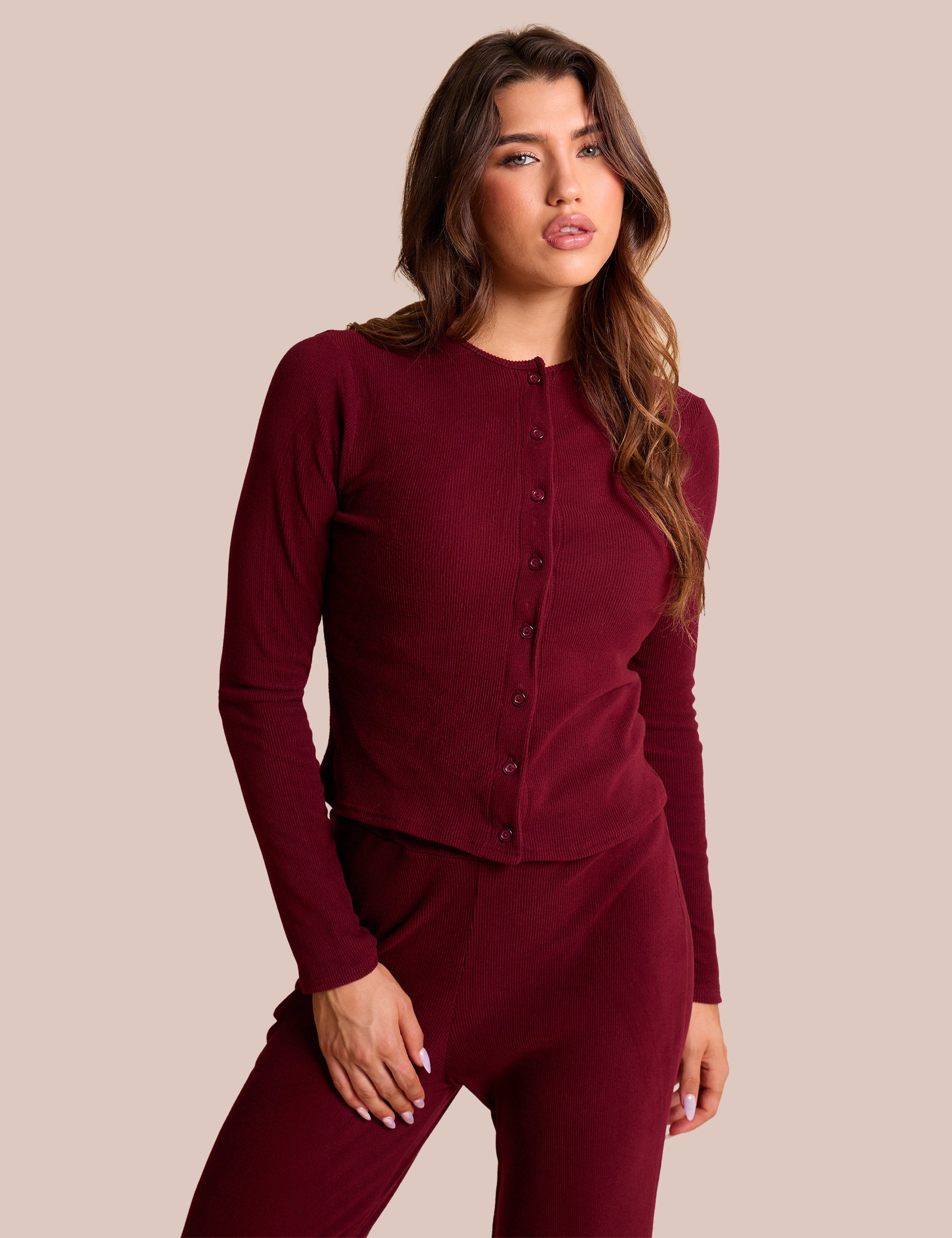 Rib Button Through Long Sleeve Top Burgundy
