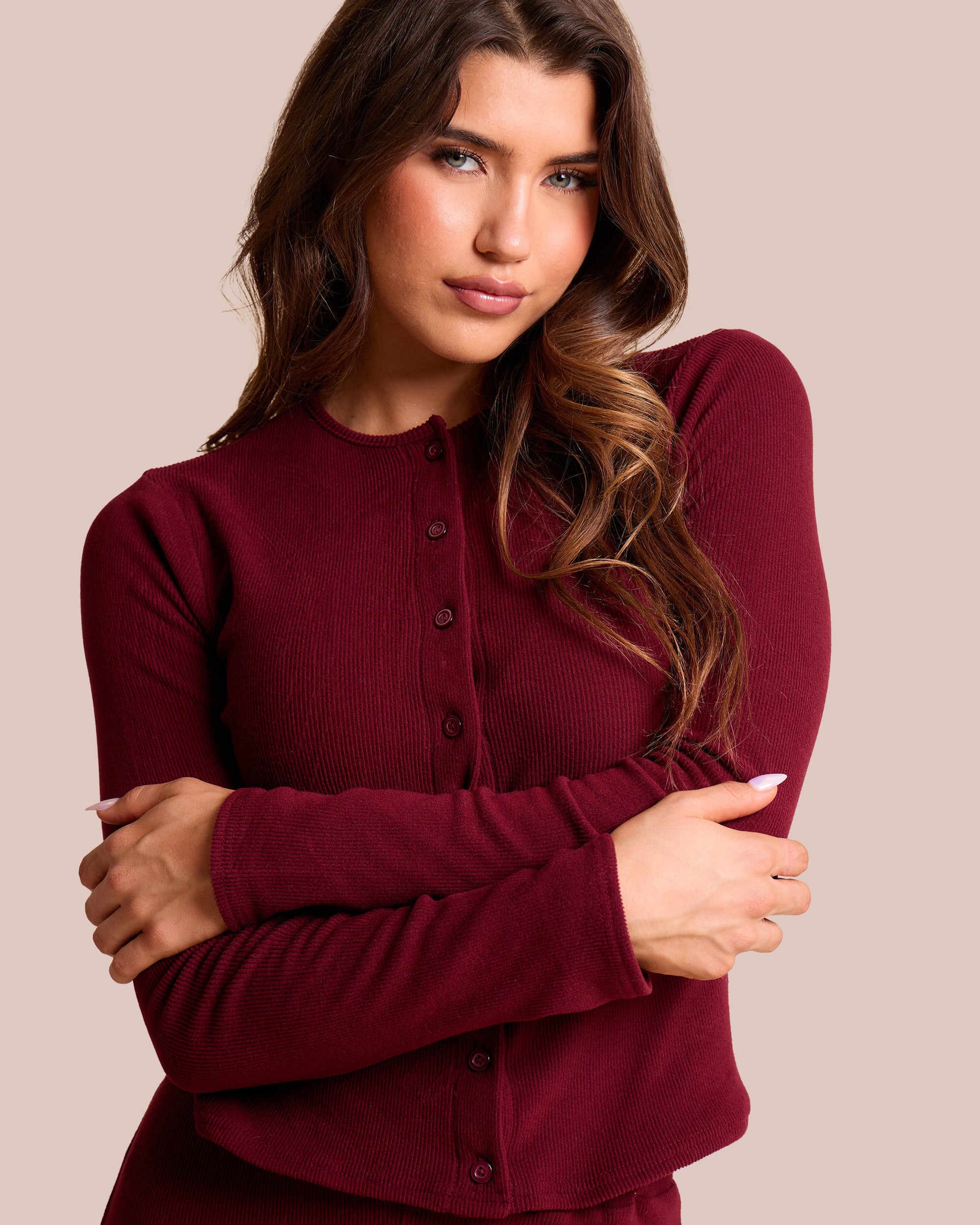 Rib Button Through Long Sleeve Top Burgundy