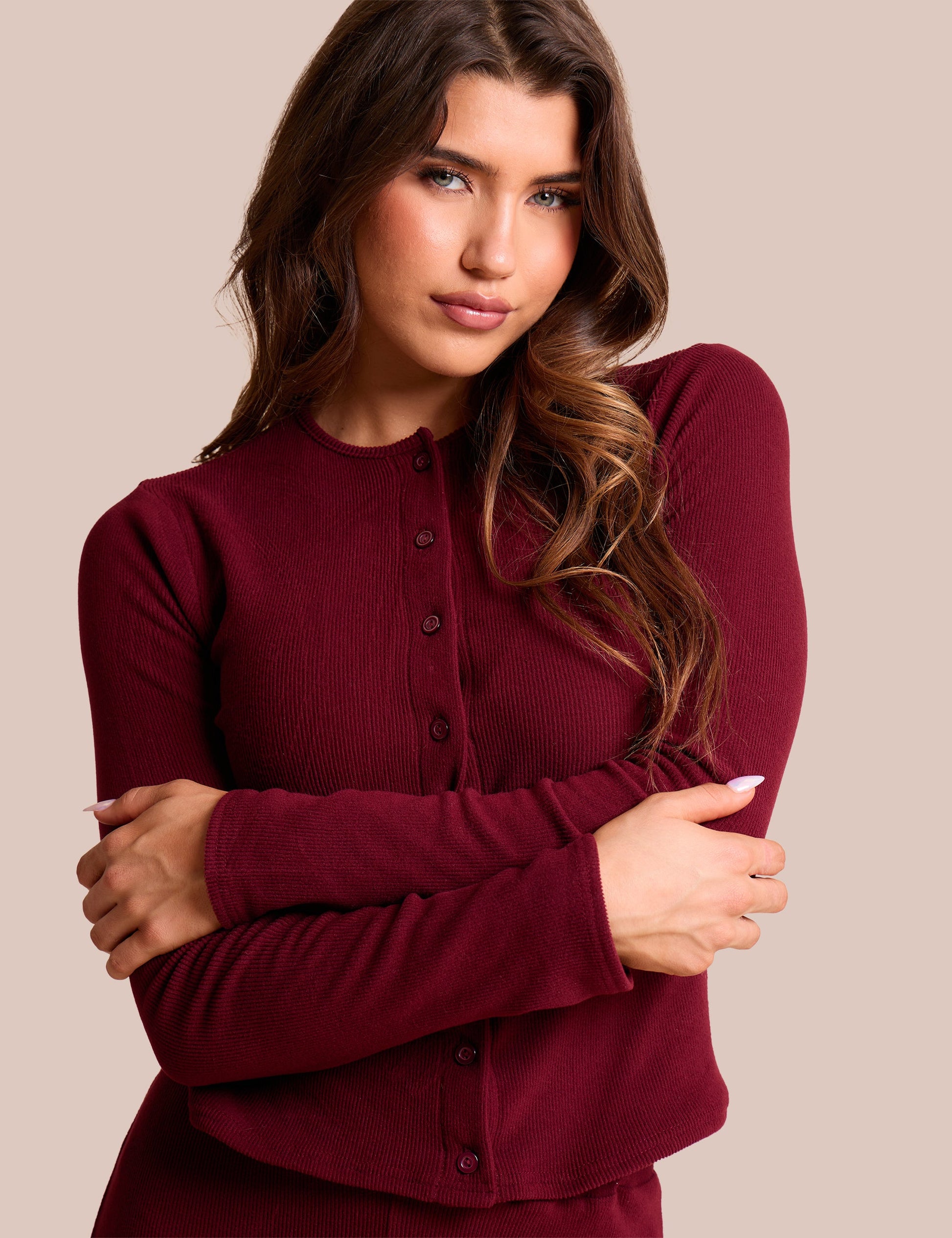 Rib Button Through Long Sleeve Top Burgundy