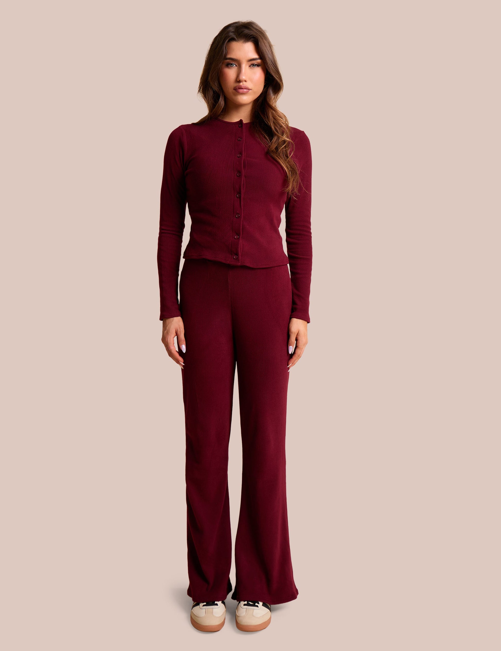 Rib Button Through Long Sleeve Top Burgundy
